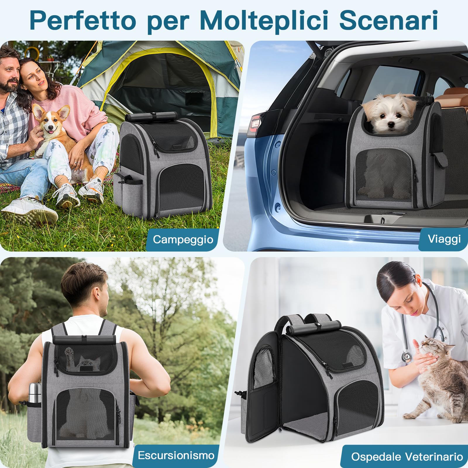 Zaino per Cani Gatti, Grande Zaino Gatto Cane 10 kg, Traspirante Zaino Porta Cane Gatto con Finestra a Rete, Zaino Trasportino Cani Gatto con Guinzaglio Interno e Tappetino per Viaggi - Grigio