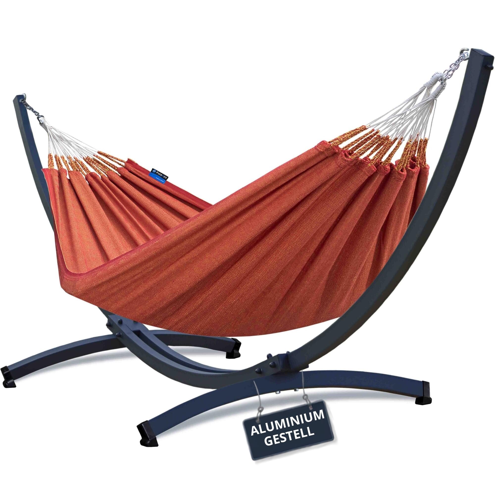 Potenza Amaca da Giardino con Supporto in ALLUMINIO 370 cm – Struttura Leggera e Antiruggine, Portata 200 kg I Amaca Doppia 230x160 cm, 200 kg in 100% Cotone, con Telaio PRIME, Colore Rosso