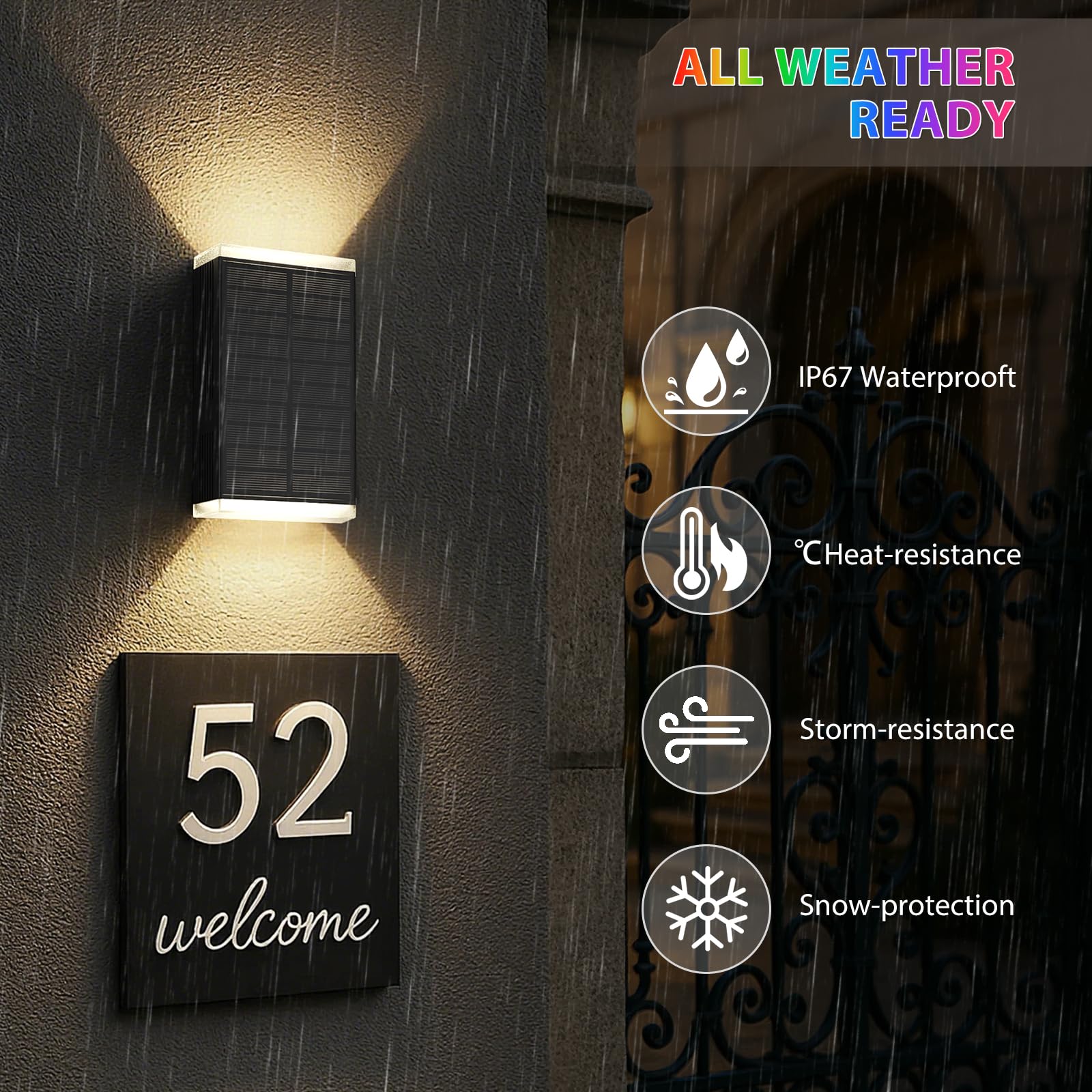 Solarleuchten für den Außenbereich, 3000 K, warm, wasserdicht, Dämmerung bis Morgendämmerung, Wandleuchter für Außen, Zaun, Gehweg, Veranda, Deck (RGB & Warmweiß), 2 Stück
