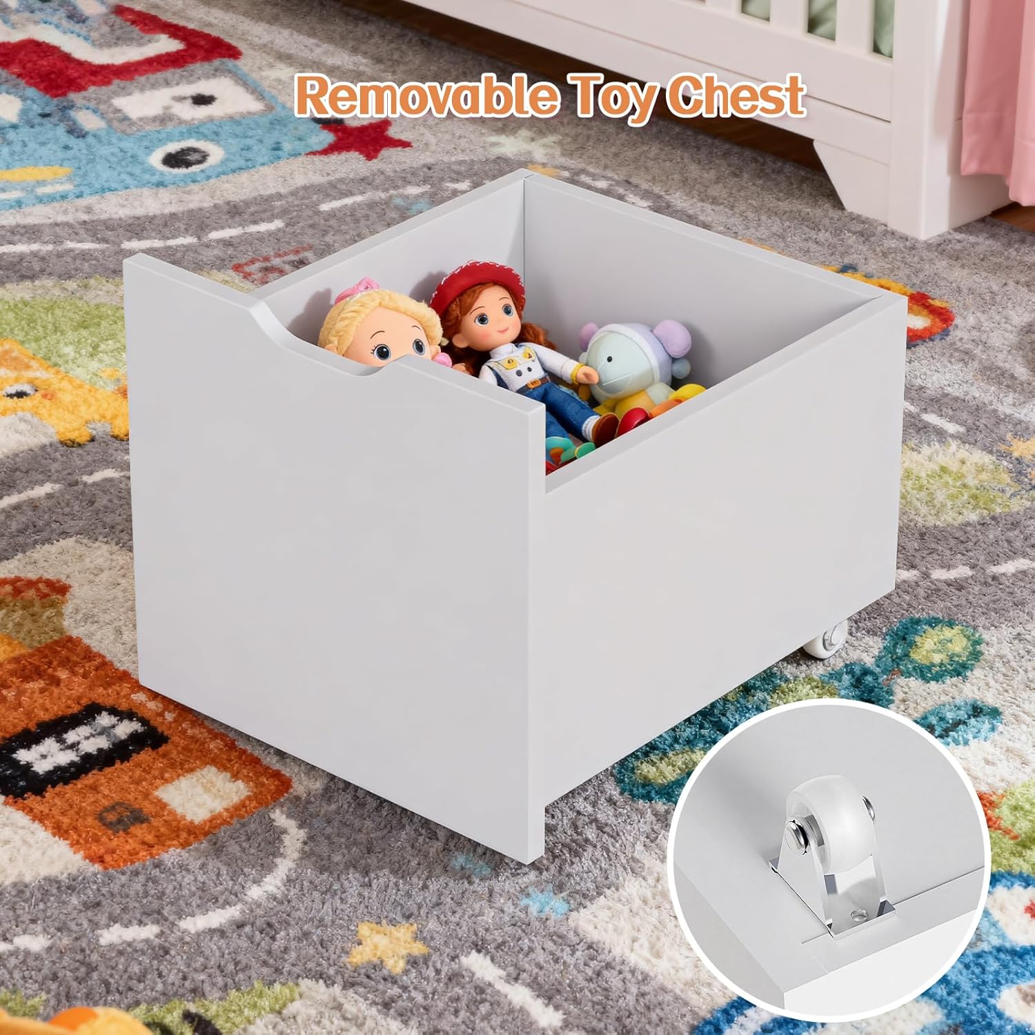 Teckid White Kids Bookshelf and Toy Storage with Reading Nook, Cushioned Bench, 3 Movable Drawers and Hidden Wheels for Playroom and Bedroom - Image 4