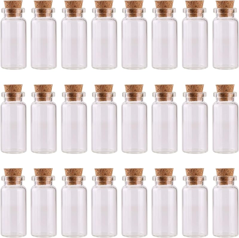 MaxMau 24 botellas de vidrio de 0.3 fl oz mini viales con tapones de corcho para decoración de bricolaje | Frascos pequeños, mini botellas de vidrio, pequeños viales de vidrio, tapa de corcho, recuerdos de fiesta de boda, contenedor de almacenamiento para manualidades, botella con mensaje