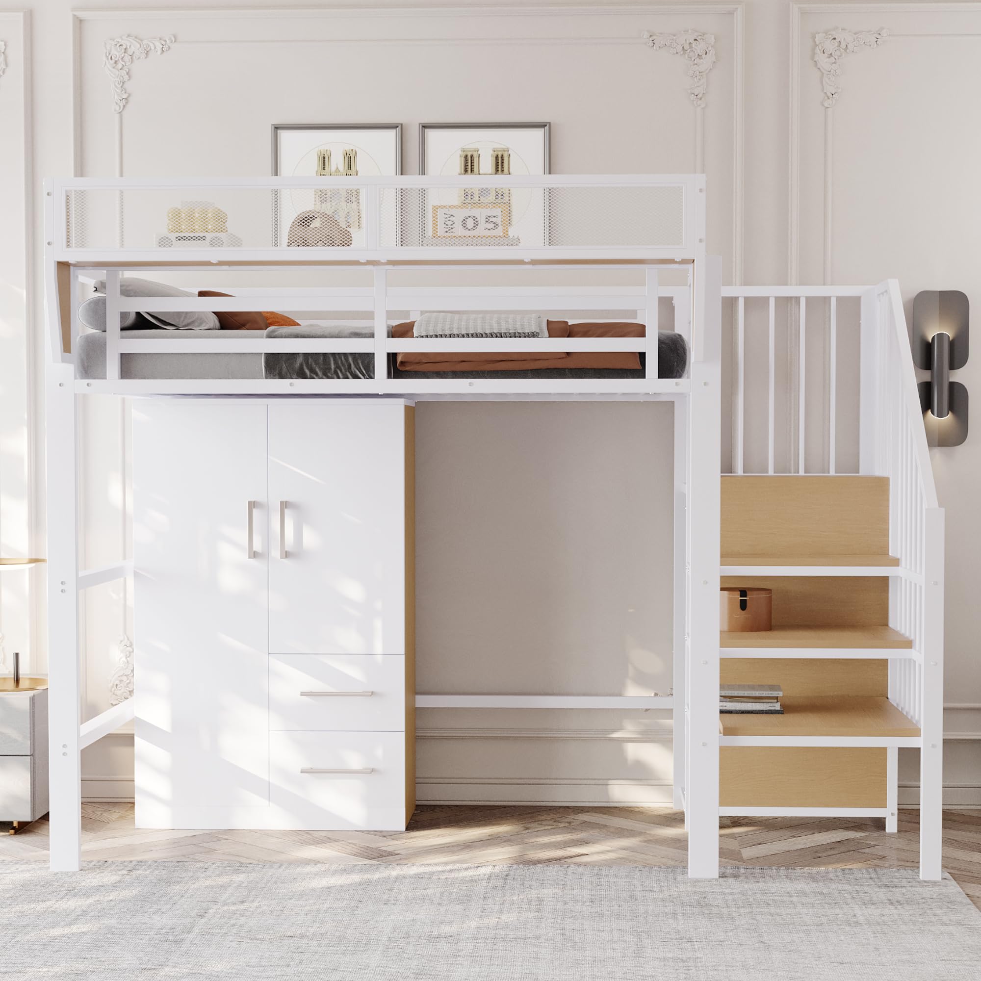 Armario infantil con puertas dobles y 2 cajones, para habitación infantil, 70 x 40 x 135 cm, color blanco