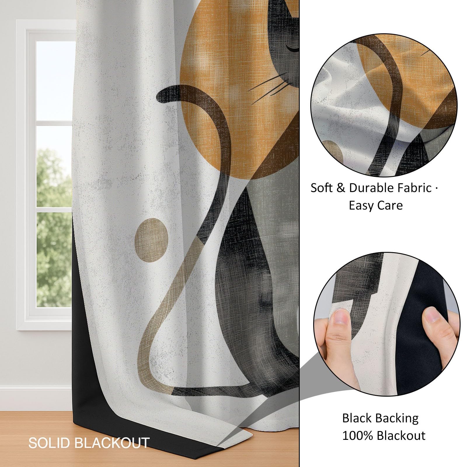 Tende oscuranti moderne per il Medioevo astratto con due gatti, 228 cm, colore beige, isolamento termico, con occhielli, per camera da letto e soggiorno, 2 pannelli, totale 234 x 229 cm