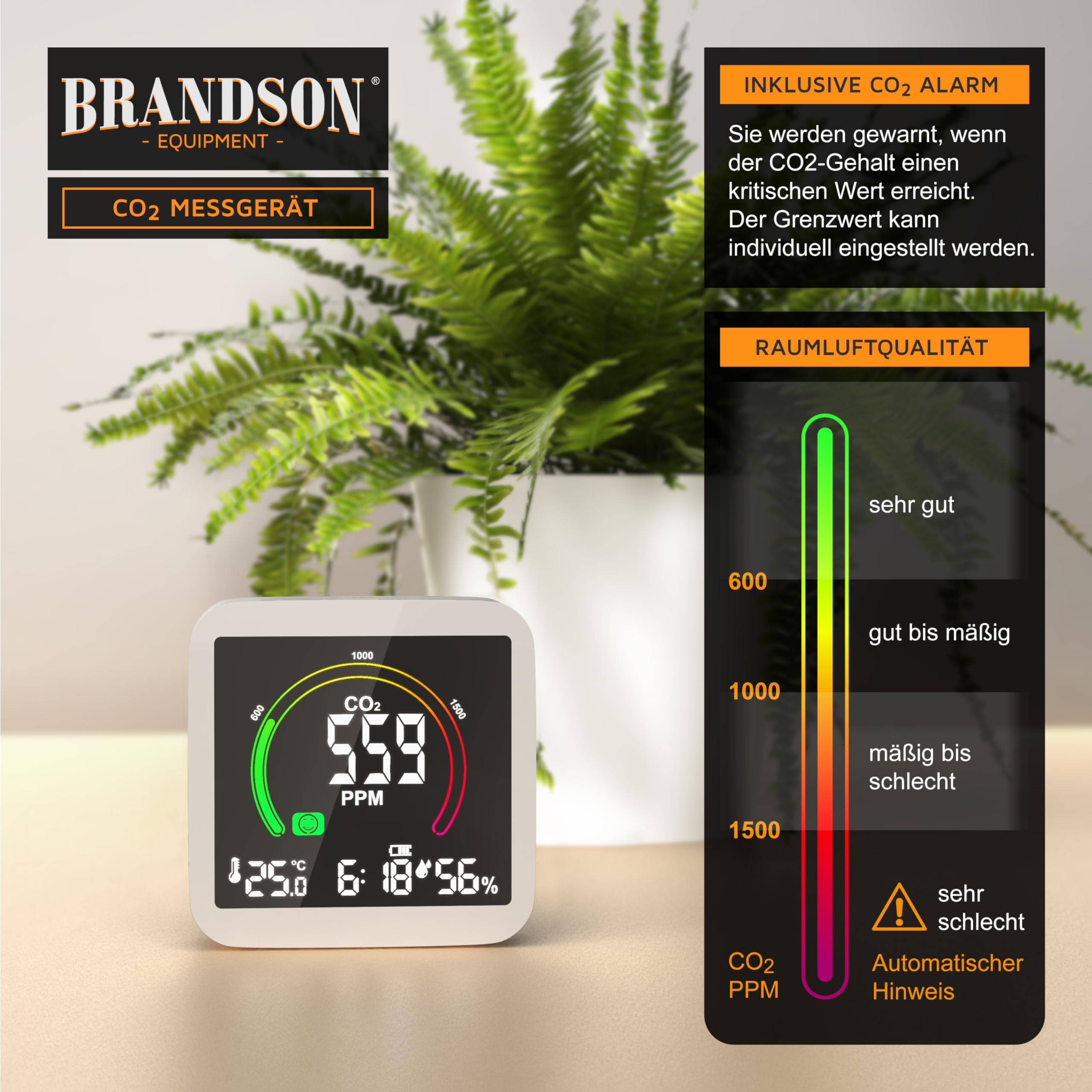 Brandson CO2 Melder Messgerät Luftqualitätsprüfer Kohlenstoffdioxid Sensor PPM Anzeige Alarm Thermometer Hygrometer