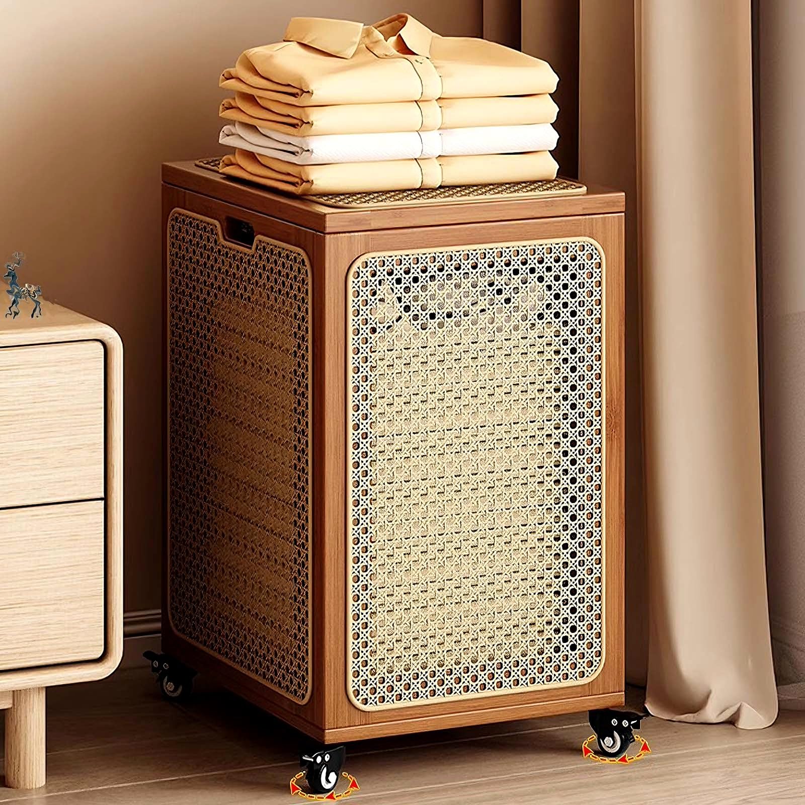 Großer Wäschekorb mit Rollen und Deckel Multifunktionaler Wäschesammler Atmungsaktiv und Komfortabel Wäschewagen für Badezimmer, Waschküchen, Wohnzimmer, Schlafzimmer(Brown)