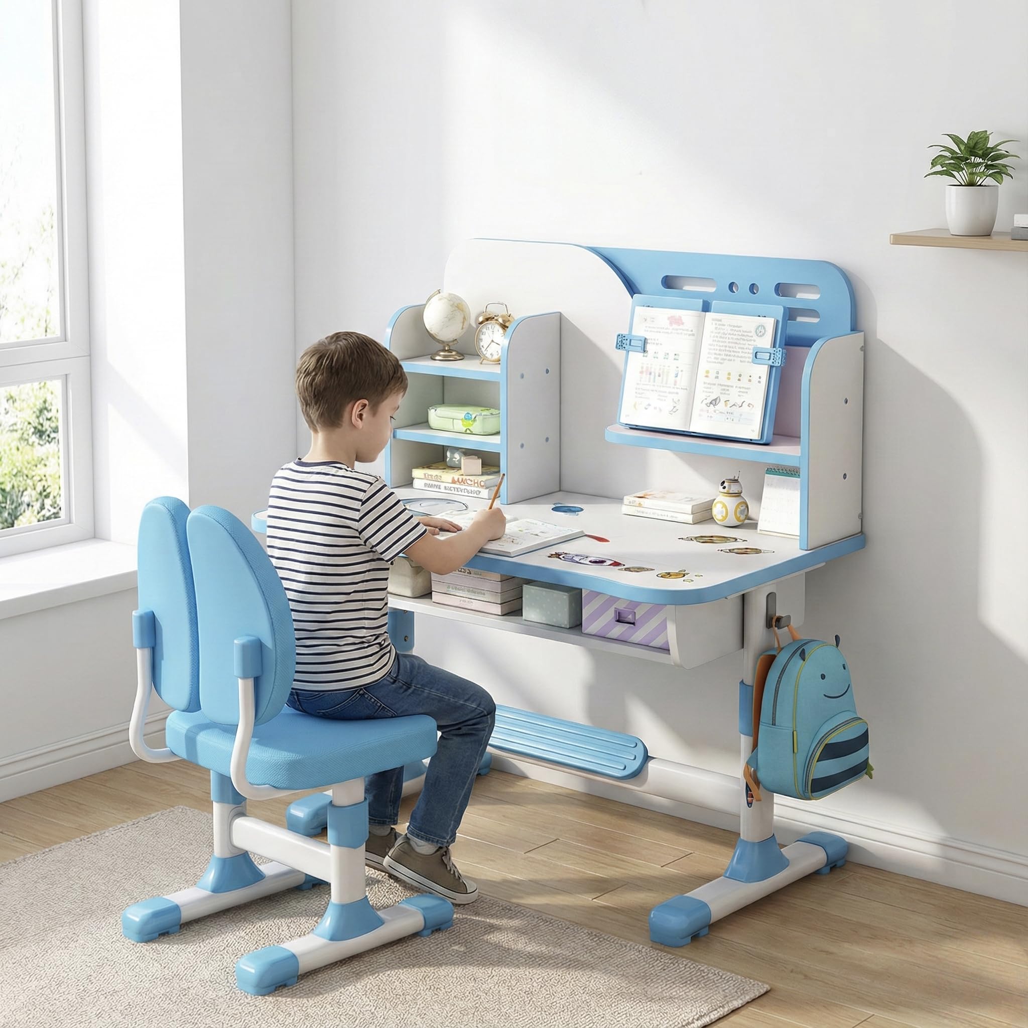 Kids Ergonomic Desk and Chair Set, Height Adjustable School Study Table with Bookshelf, Drawer and Spine Support Backrest, Kids Desk and Chair for Bedroom&amp;Study Room (Blue)