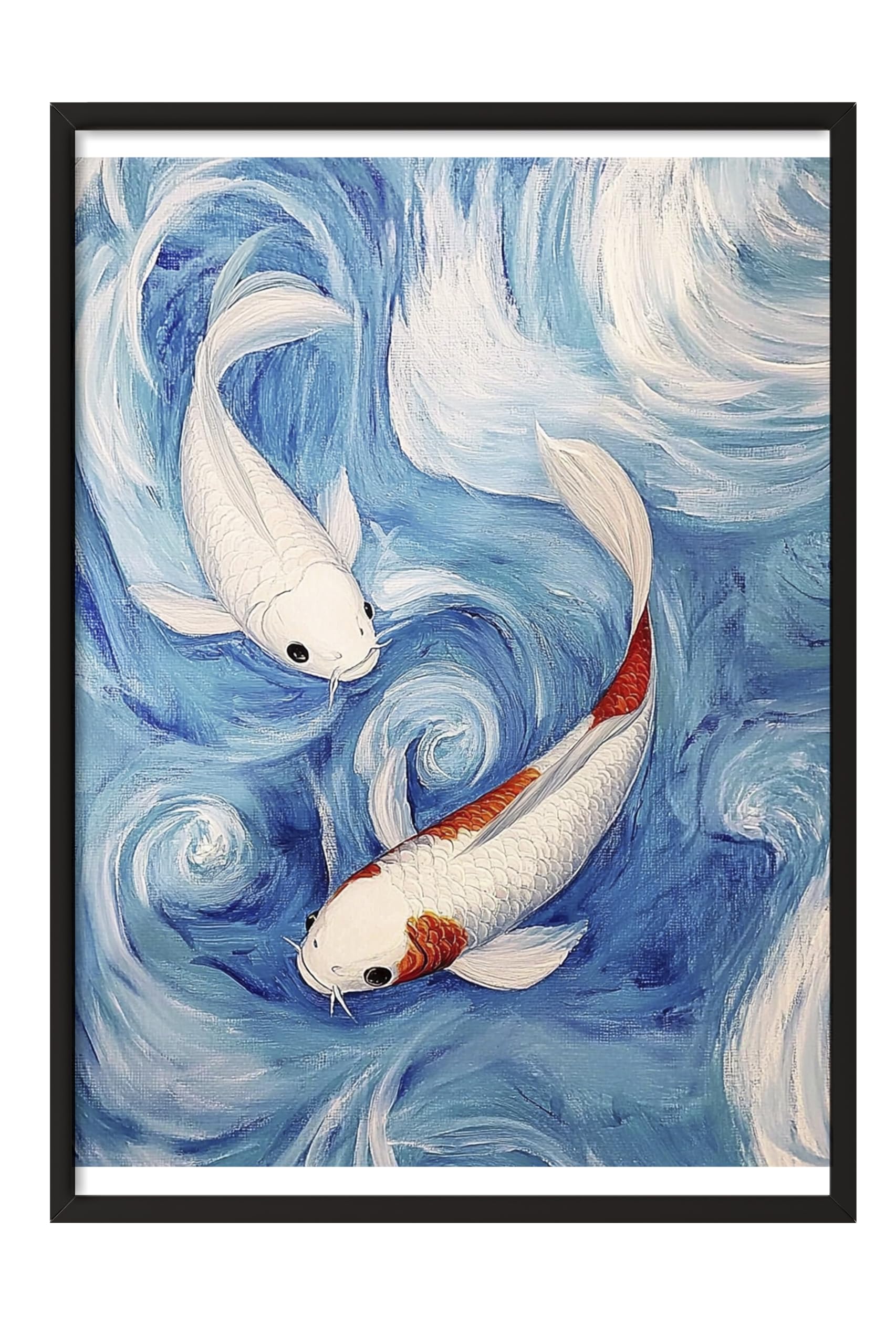 Zestia Siyah Çerçeveli Tablo, Koi Balıkları, Mavi Dalgalar, Japon Stil Poster No: 107335 50 x 70