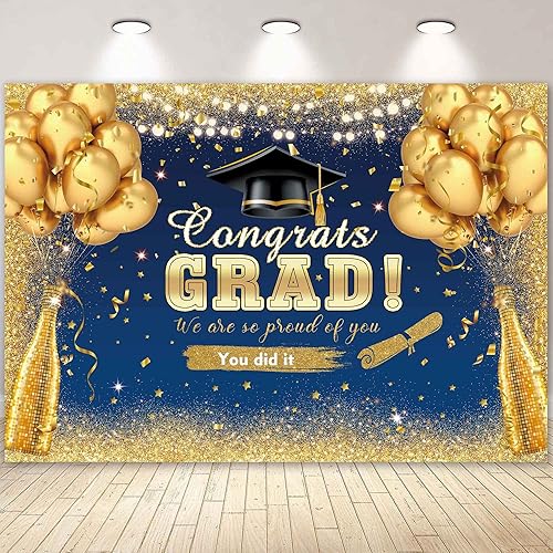 LIVUCEE Telón de fondo de graduación de 8 x 6 pies, decoraciones de fiesta de graduación con globos azules y dorados con purpurina, fondo de