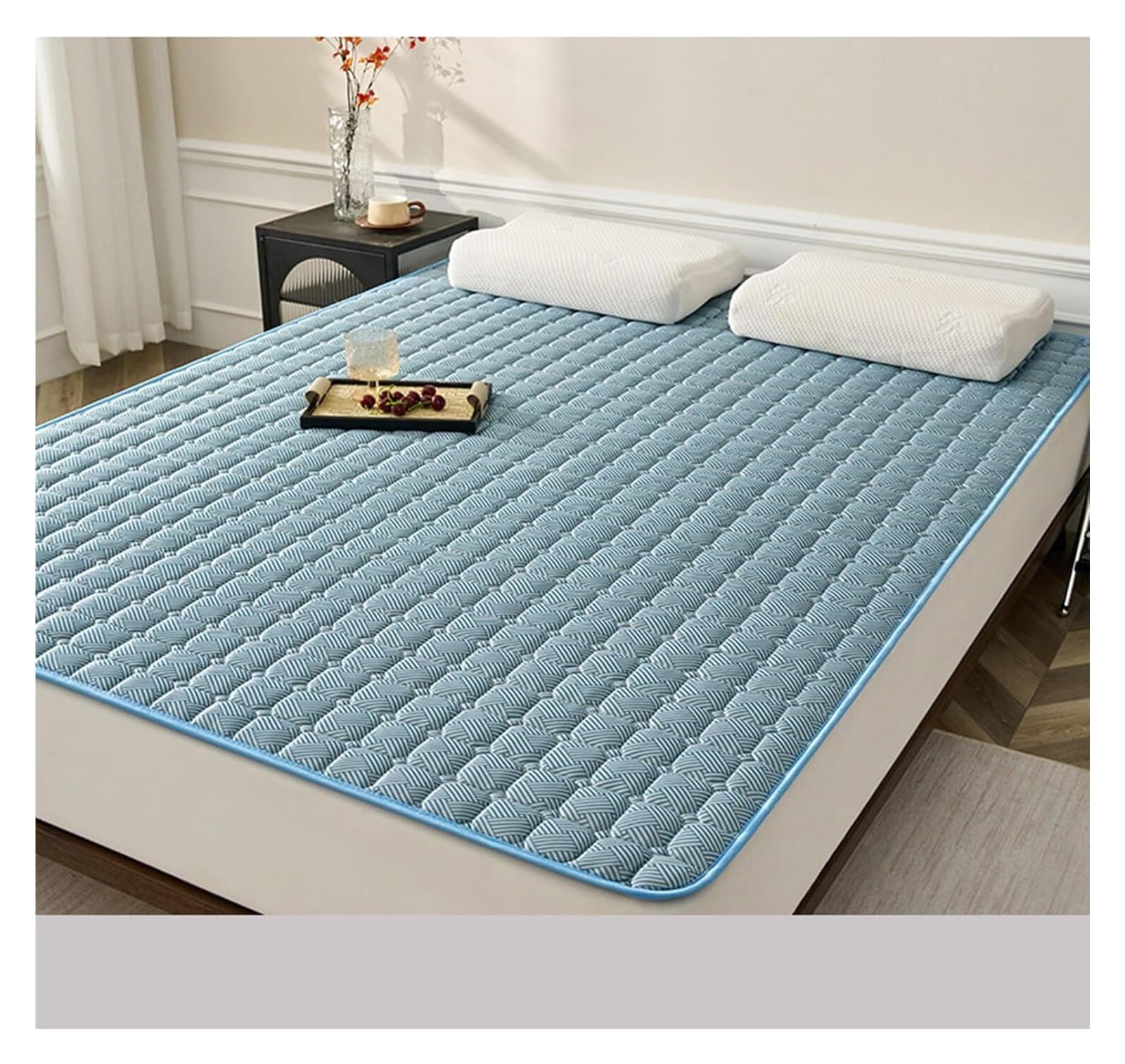 Surmatelas rafraîchissant en soie glacée double face bleu pour lit 90x200cm
