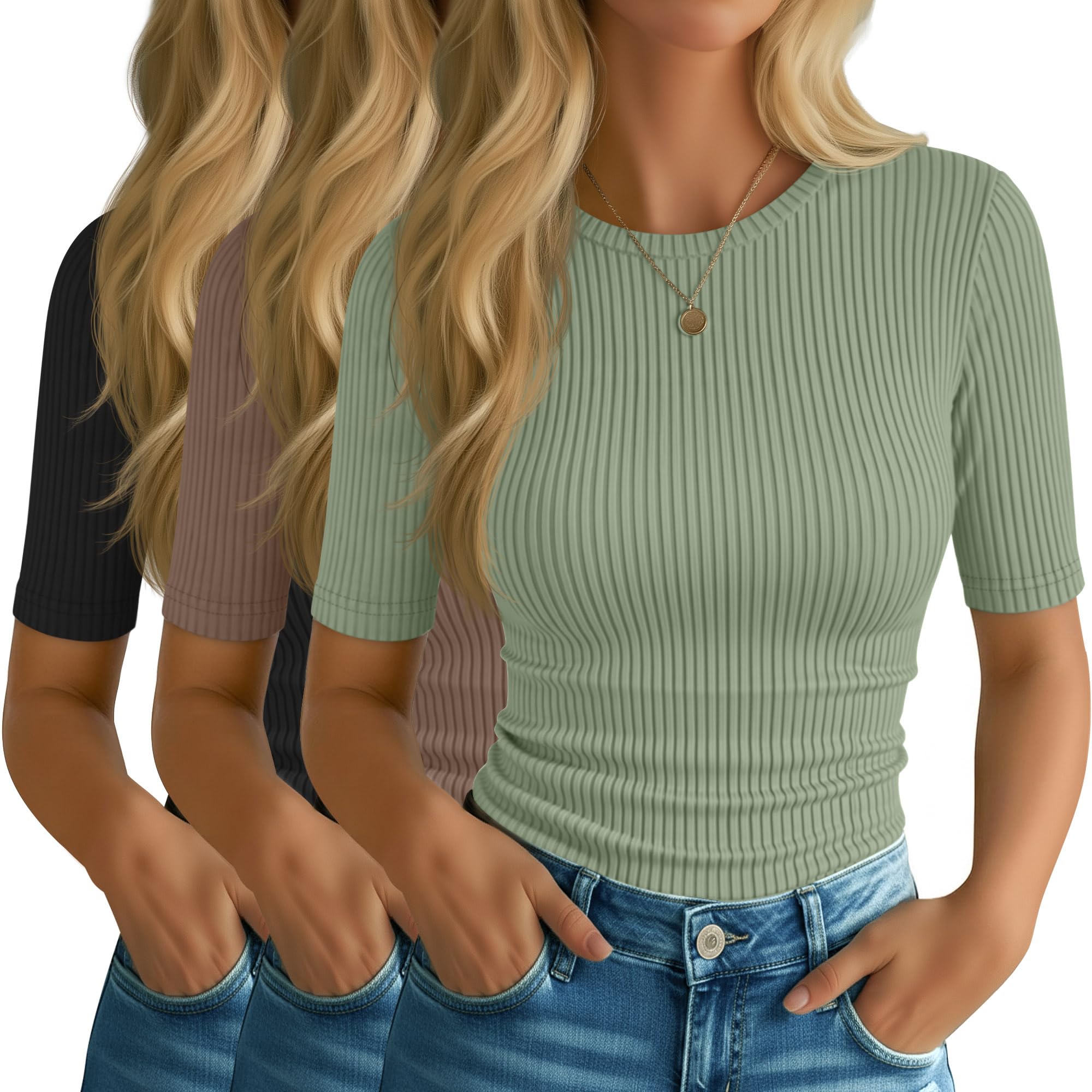 Photo 1 of (missing khaki  T) Riyiper 2 Pack Women's Elbow Length Tops, Half Sleeve Ribbed Cotton T Shirt Crew Neck Summer Tee Slim Fit Casual Blouses(Black, Matcha Green, Khaki,X-Large)