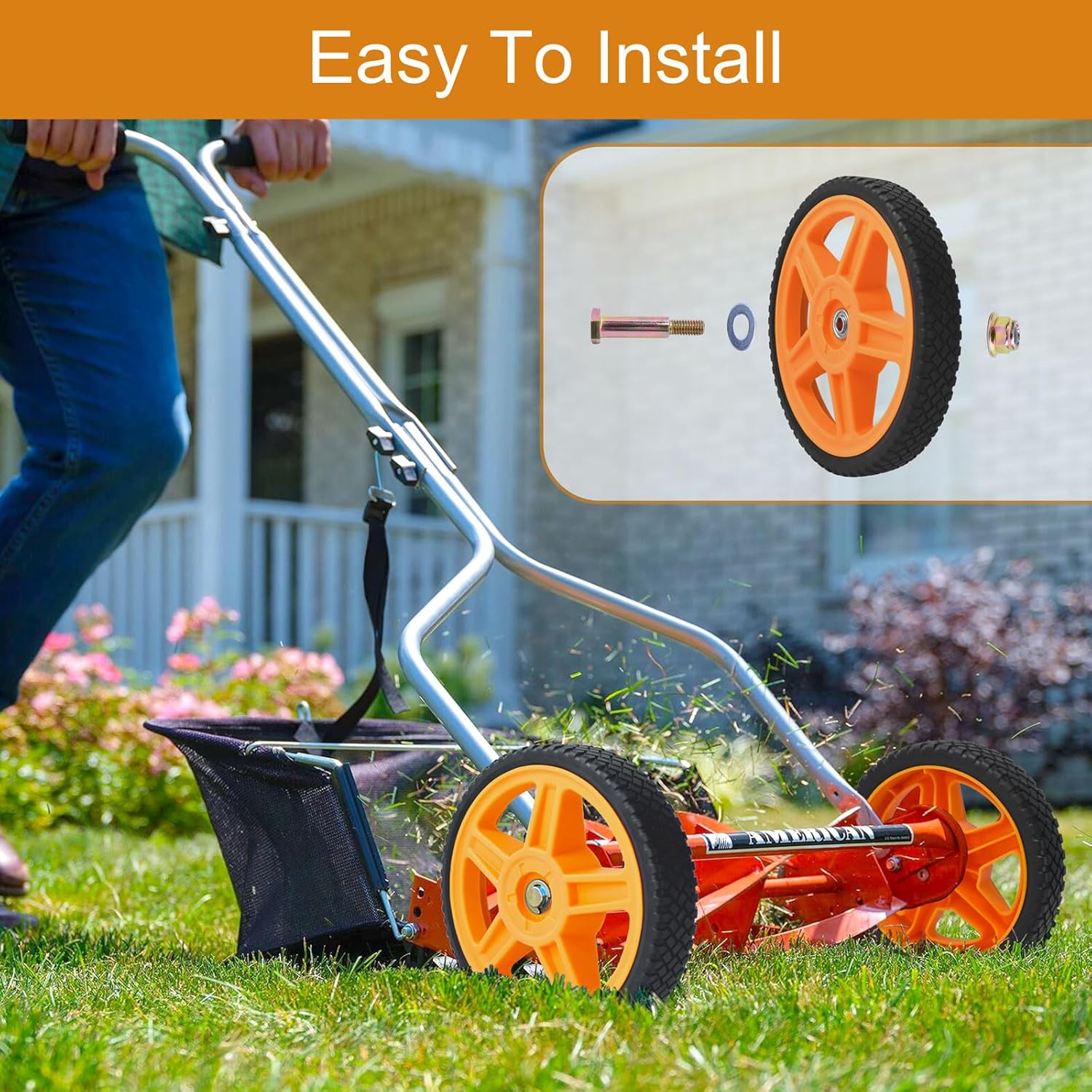 Lawn Mower Wheels, 14 inch Push Mower Plastic Wheels with Bolts & Nuts Fits Most Standard Lawn Mower Cart(2 Pack)