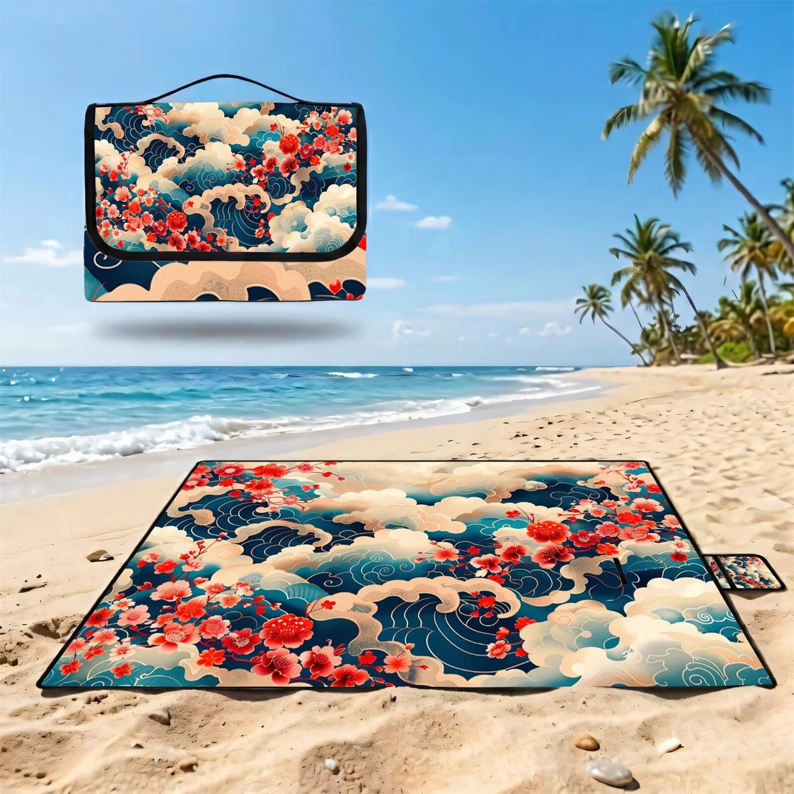 Manta de Picnic 150x200 cm, Japón Manta Picnic Impermeable, Paisaje (4) Esterilla de Playa Alfombra de Exterior, Picnic Blanket Plegable con Asa para Camping, Jardín, Césped, Playa, Senderismo FZ-206