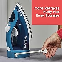Vista 3 de BLACK+DECKER Steam Iron for Clothes with Retractable Cord, Vertical Steaming, Anti-Drip Design, Spray Mist and Auto Clean Button, 1200W