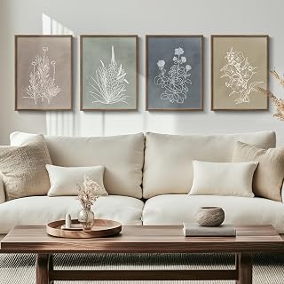 Cuspin Framed Boho Botanical Wall Art Set of 4 - Rustic Floral Canvas Prints, Vintage Minimalist Neutral Flowers for Farmhouse Living Room Bedroom Office Decor