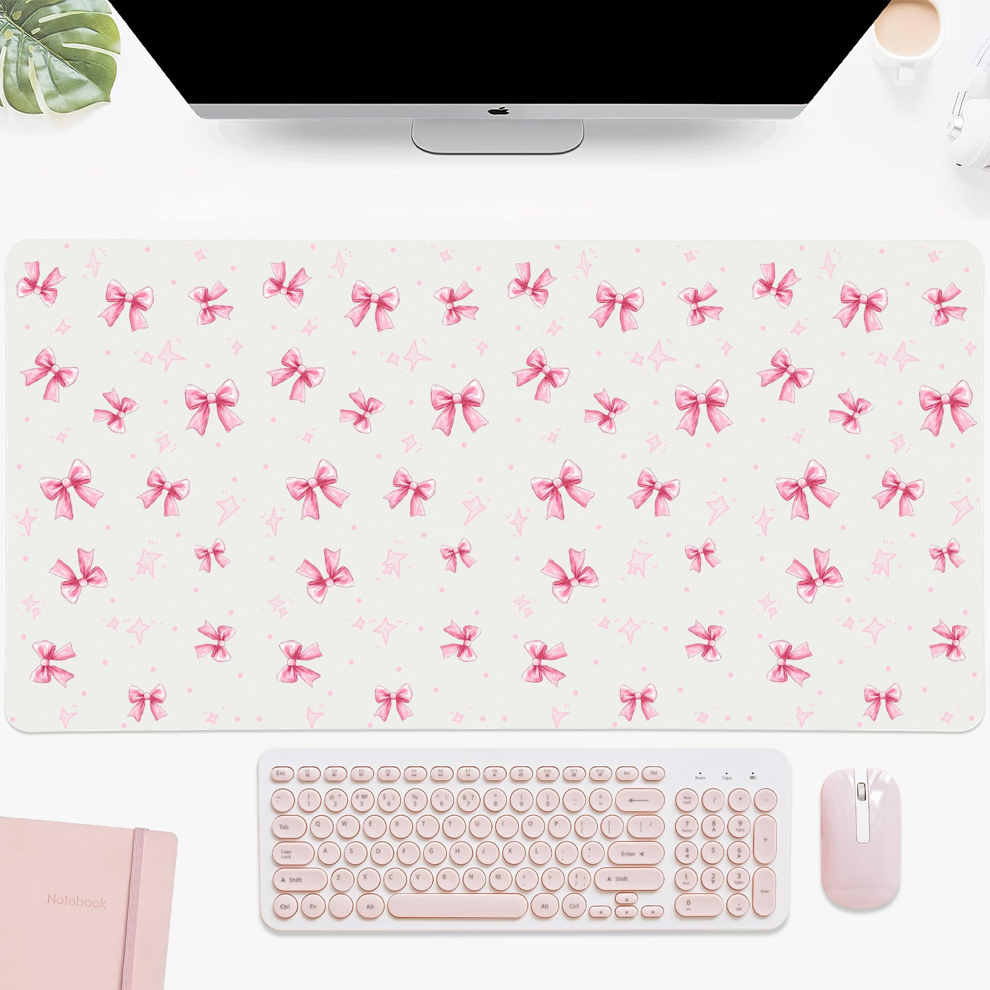 Idocolors Lovely Pink Bow Knot Desk Mat, White Extended Gaming Keyboard Mouse Pad, Large Cute Kawaii Women Office Desk Cover Mat Protector 27.6"x13.8"