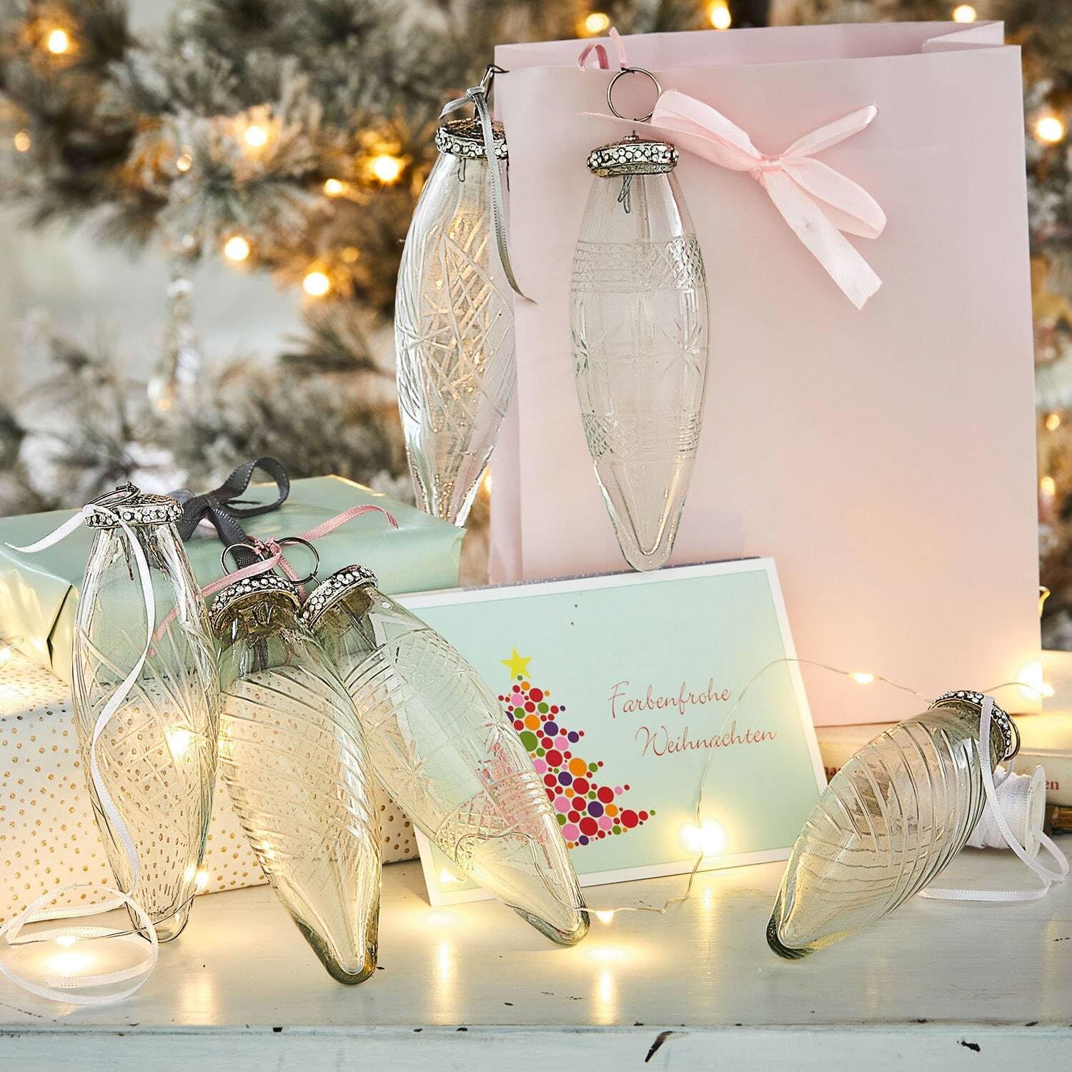 Loberon Loulay Lot de 6 décorations de Noël - Subtils Motifs gravés étoiles et vrilles - en Verre délicat, Transparent