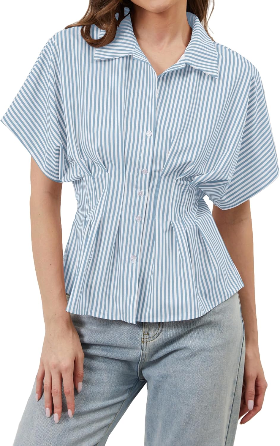 Womens Peplum Blouse Striped Button Down Shirts Short Sleeve Pleated Shirts Dressy Casual Lapel Summer Business Tops,Blue, Large - Image 2