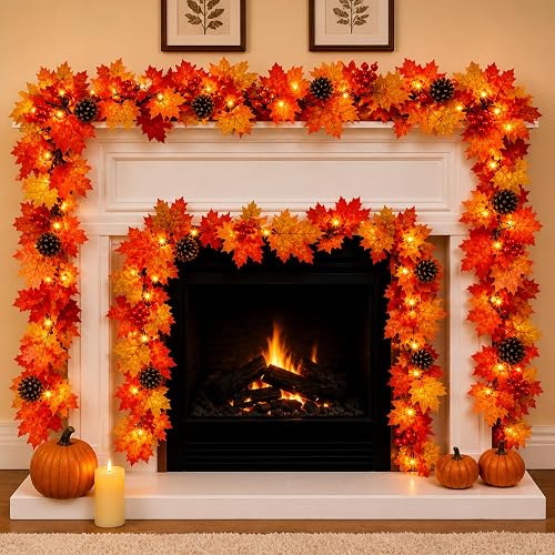 Fall Decorations Lighted Fall Garland with Pinecones and Berries, 9FT