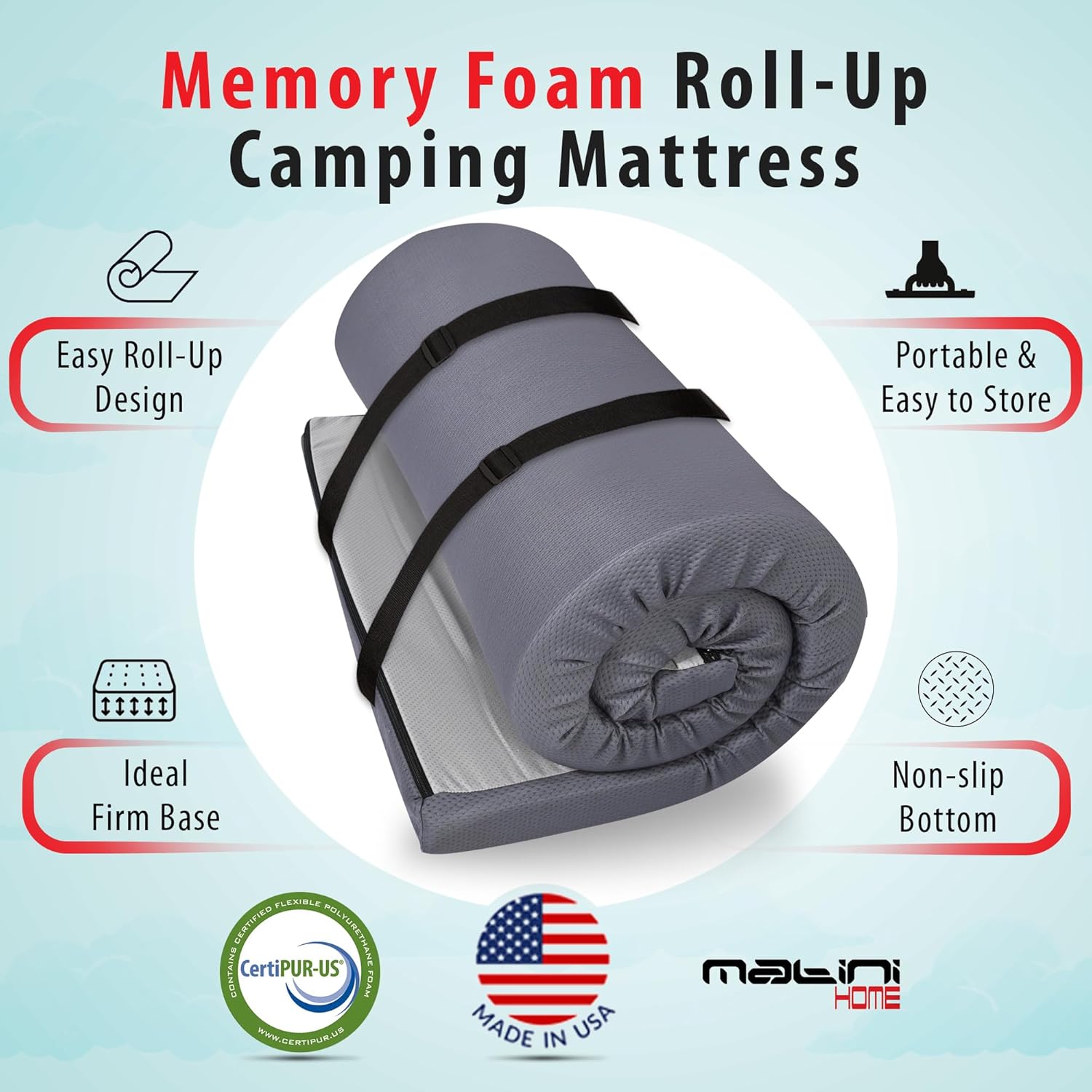 Matini Home 4" x 30" x 75" High Density Roll-Up Camping Mattress with Water Resistant Zipper Cover, Foldable and Portable for Camping, RV Bunk, Tent, Guest Bed, Outdoor and Dorm