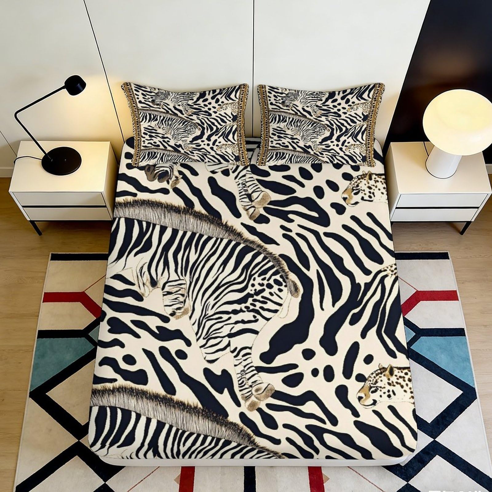 3D Printed Zebra Pattern Fitted Sheet Microfiber Soft Breathable Leopard Print Mattress Cover for Bedroom Dormitory Guest Room Mattress Protection Decor 200x200x25cm