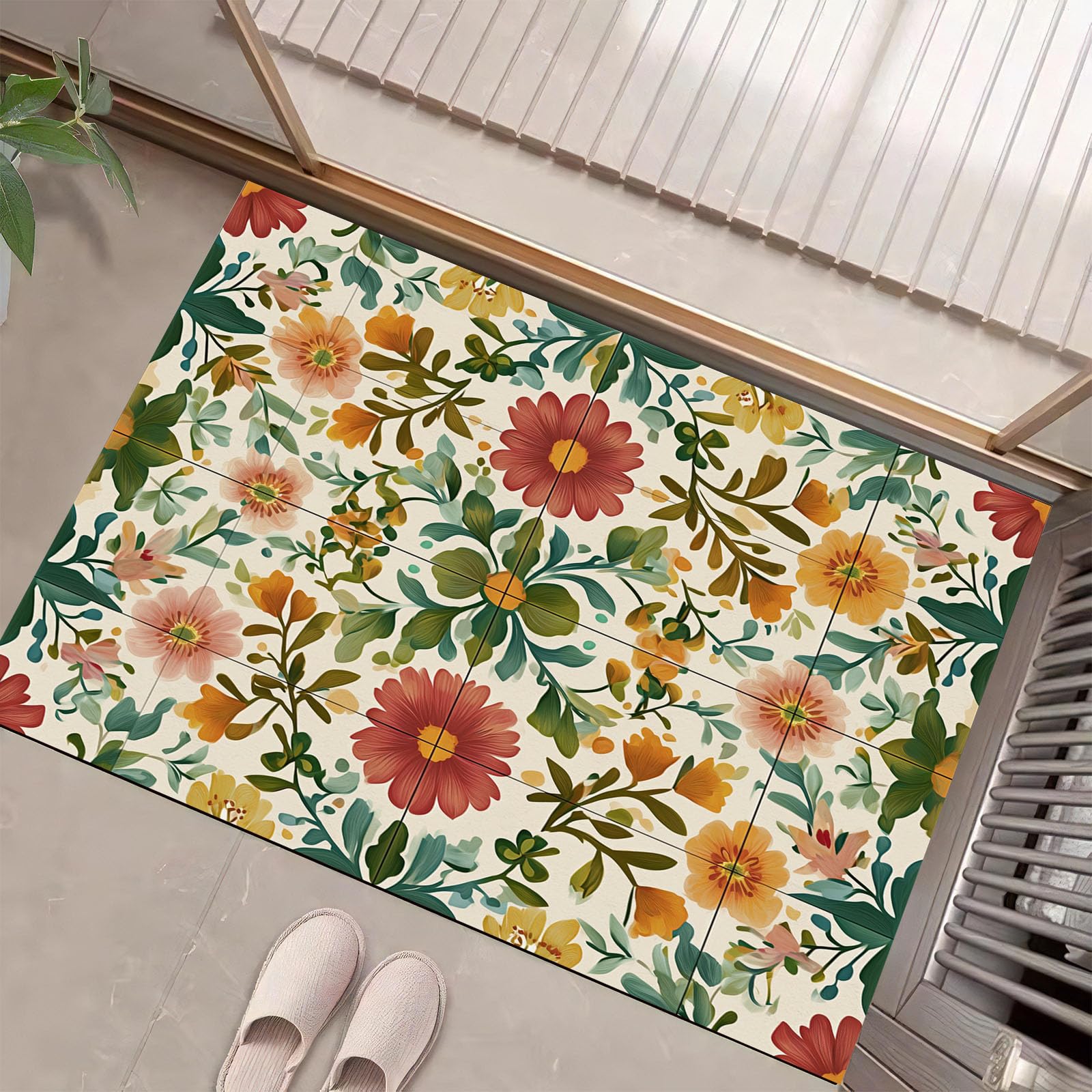 Tapis d'entrée intérieur 60x90 cm floral et géométrique vert olive lavable