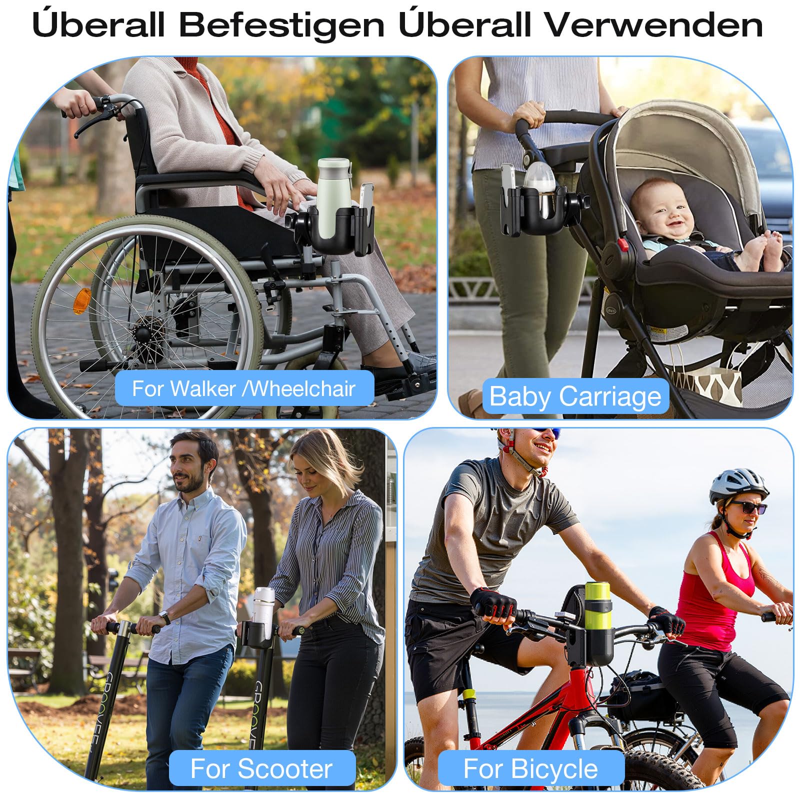2 in 1 Portabicchieri per Passeggino, Portabicchieri Universale per Passeggino con 2 Ganci per Passeggino,per Bici, Passeggino, Sedia a Rotelle, Deambulatore, Bicicletta