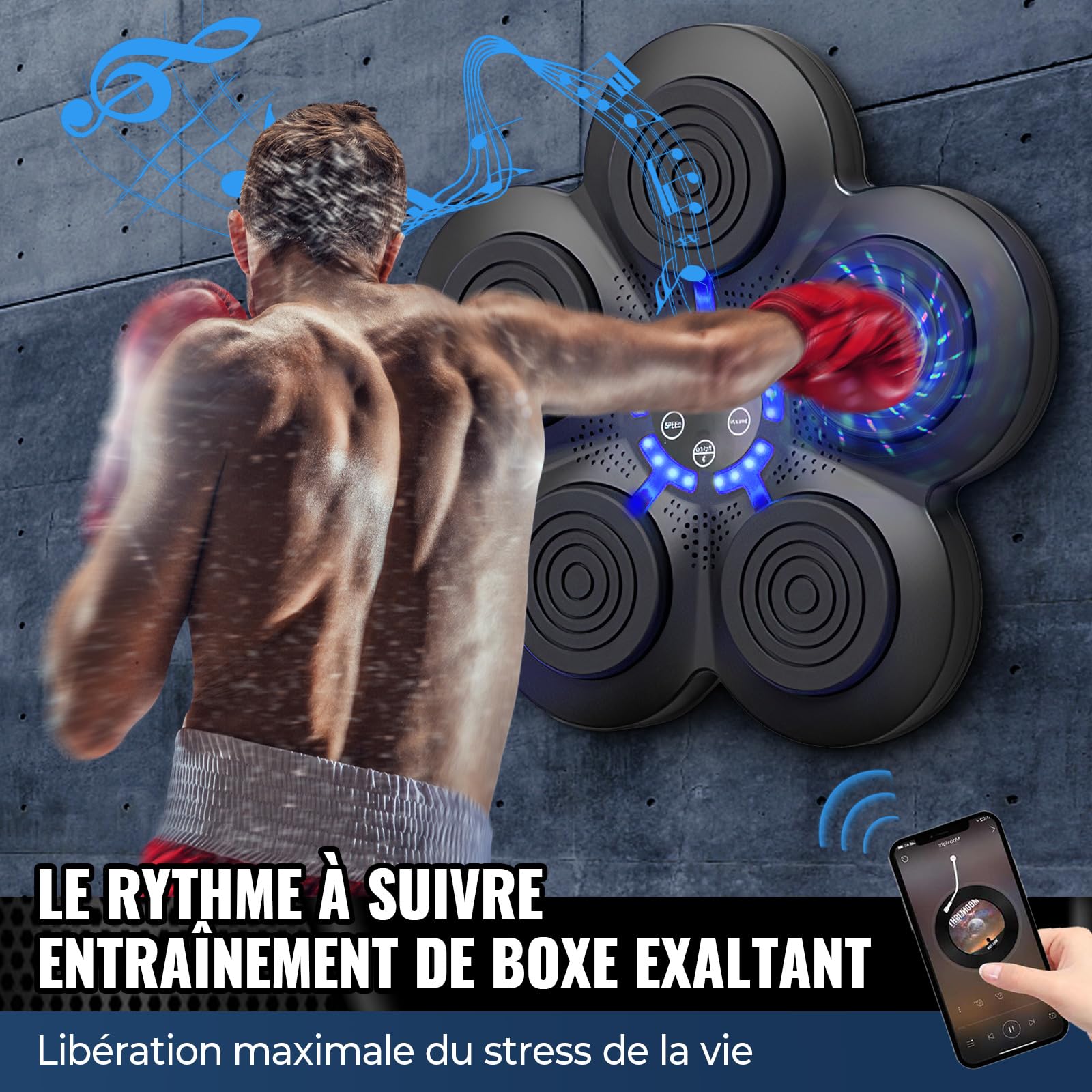 EagerMinds Music Boxing Machine, grote stijl, intelligente bokstrainer met Bluetooth, elektronische boksmachine voor wandmontage met 8 snelheidsmodi, voor kinderen/volwassenen (blauw