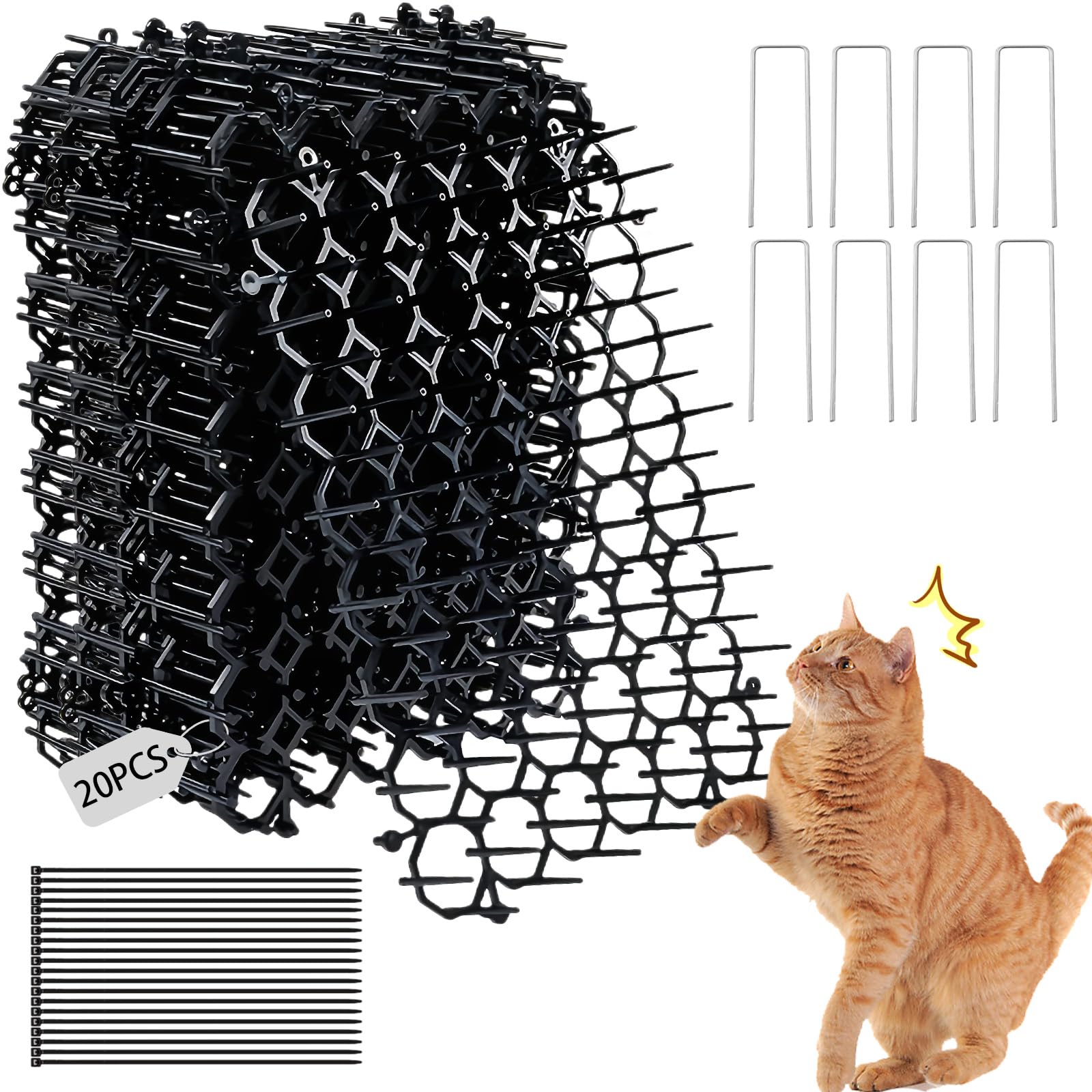 20Pcs 15x20cm Cat Deterrents for Gardens Uk, Anti Cat Spikes, Cats Deterrent, Prickle Strip Dig Stopper Mats 20 U-Shaped Pegs+20 Cable Ties, Cats Spikes for Fence Tops for Garden, Indoor and Outdoor