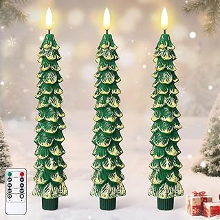 Enhon 3 Pcs Christmas Tree Flameless Taper Candles Battery Operated with Remote and Timer, Real Wax LED Candles, Warm 3D Wick Flickering Lifelike Leaves, Xmas Dinner Holiday Decoration (Green,Gold)