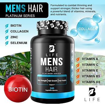 Mens Hair Growth Supplement Biotin & Collagen Hair Vitamins for Men Thicker, Fuller Hair, Nail & Scalp Support Hair Loss Supplement with Zinc, Selenium & Vitamins A C D E 240 Capsules