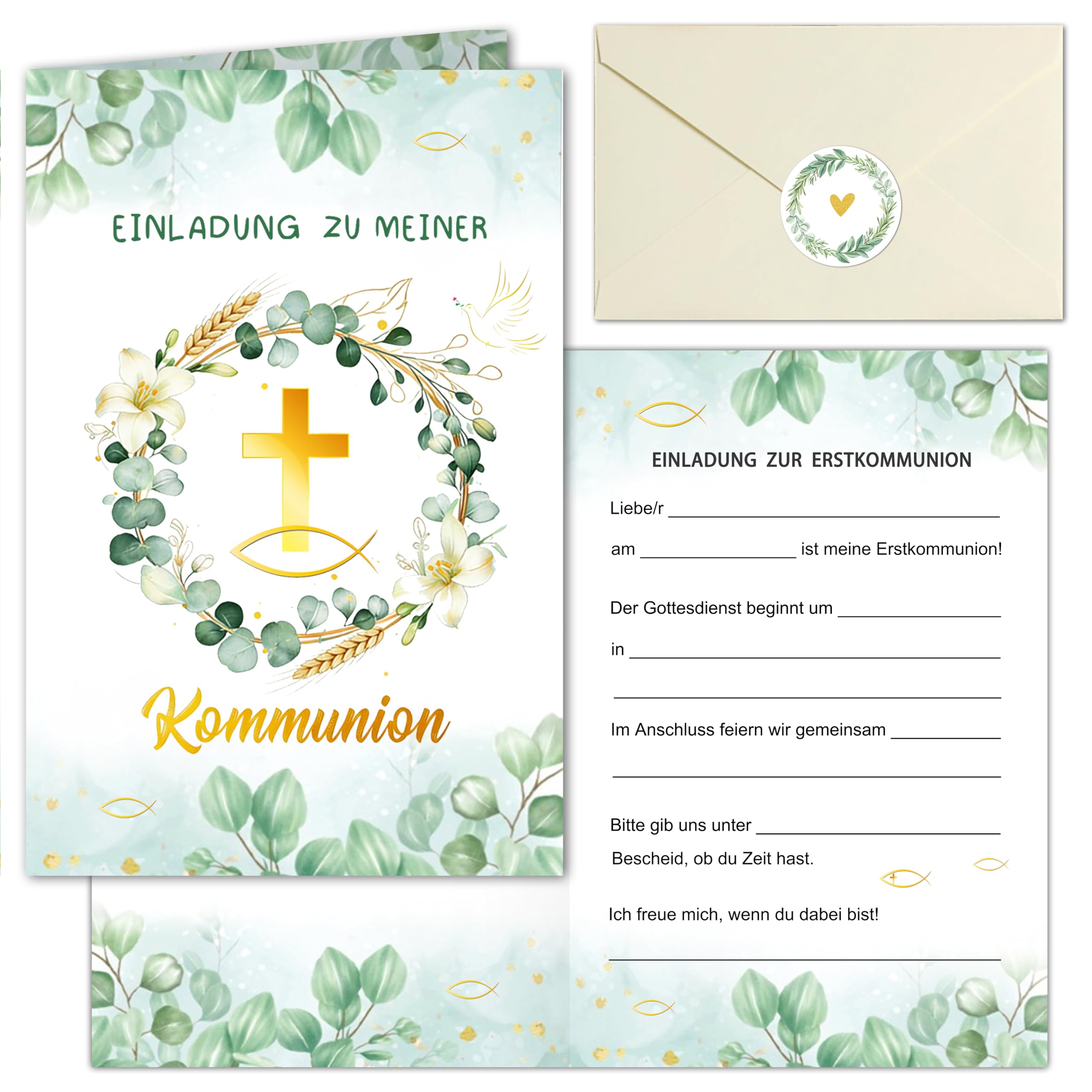 Dercylele Einladungskarten Kommunion,12 Einladungskarten Konfirmation mit Umschlägen Aufkleber,Erstkommunion Konfirmation Einladung für Jungen Mädchen