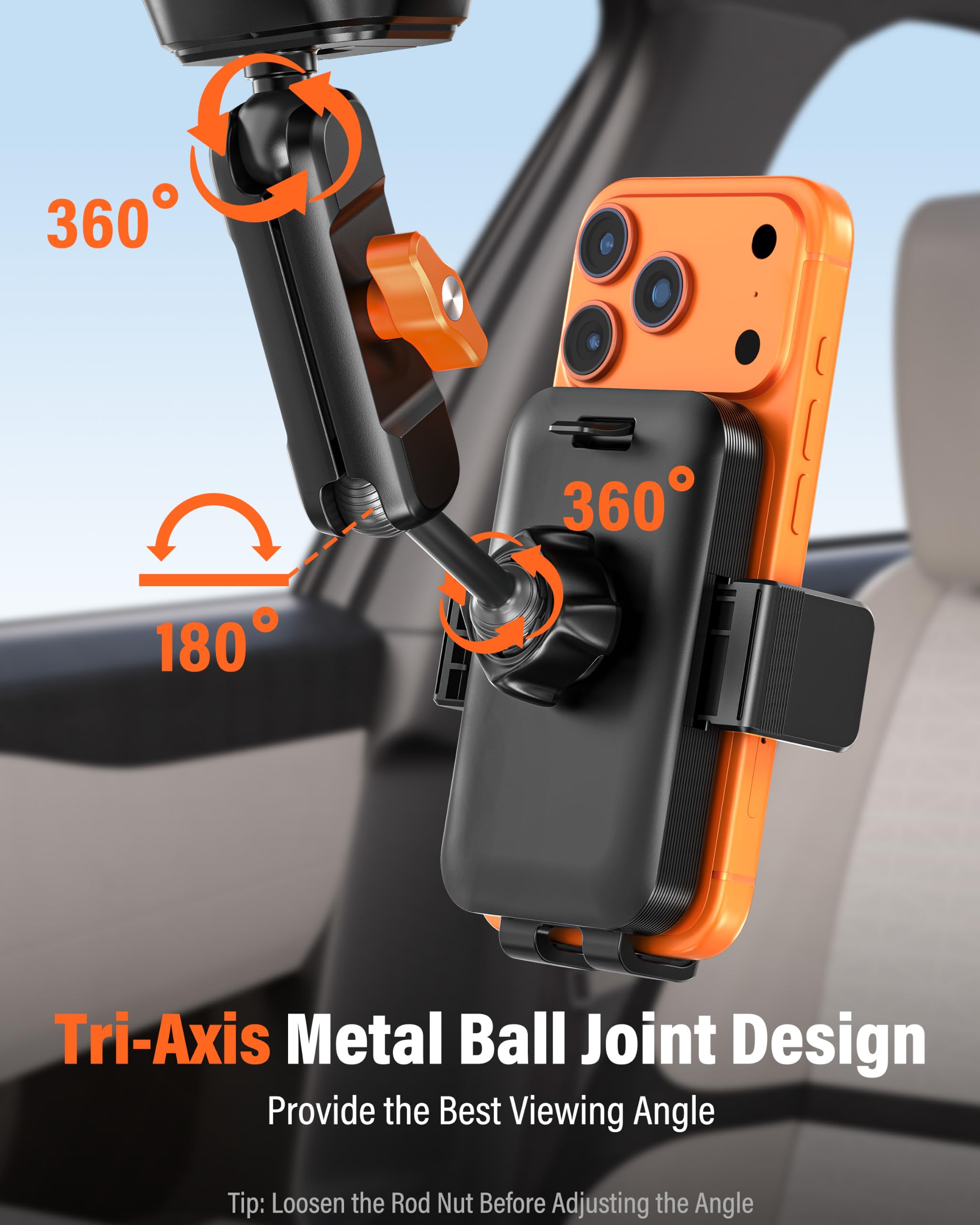 A2C Soporte de coche con doble ventosa de vacío resistente, soporte de teléfono para parabrisas con brazo de metal antivibración con liberación con una sola mano y rotación de 360° para iPhone y la