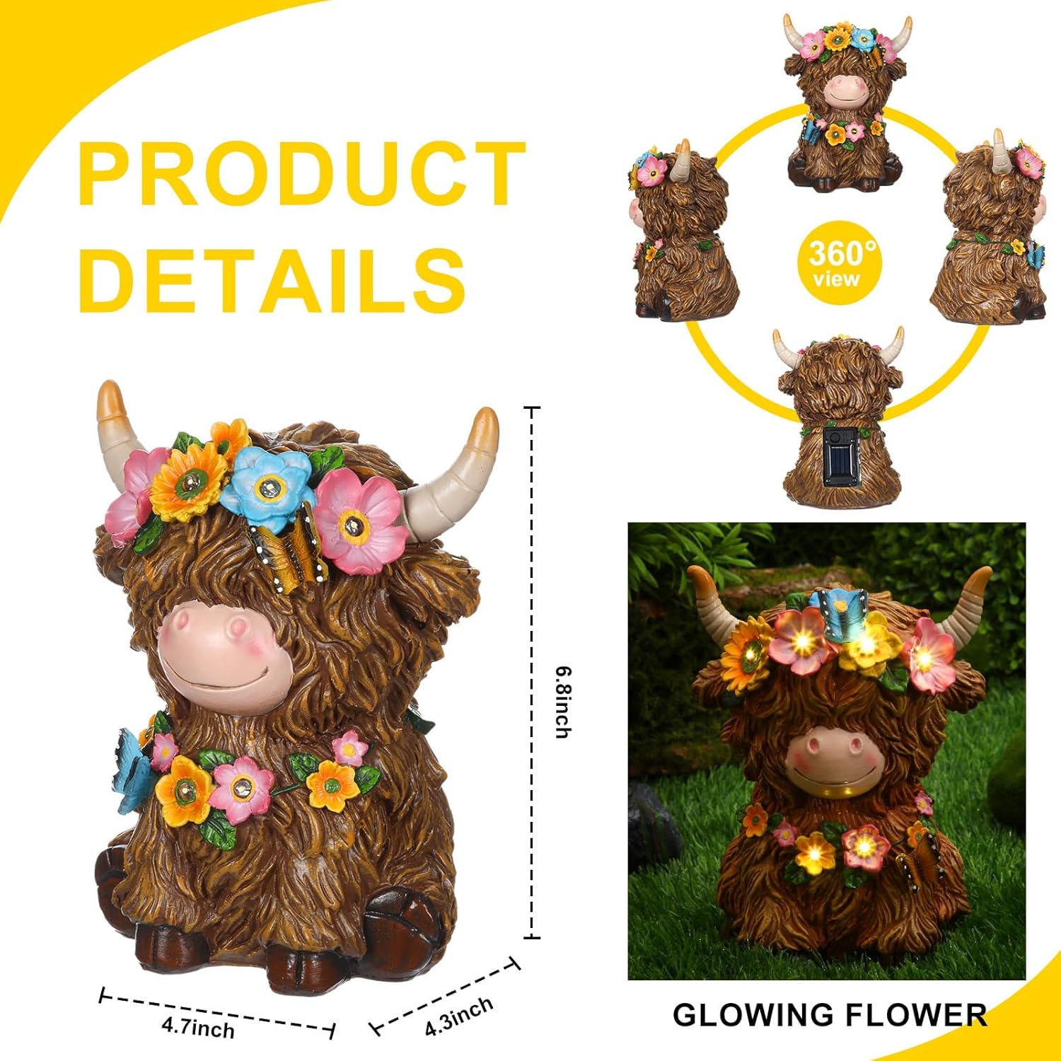 Colingmill 2 Pack Highland Cow Solar Lights Spring Easter Highland Cow Garden Resin Statue with Flower Decoration Solar Outdoor Decor for Patio Yard, Ideal Gift for Mom and Women