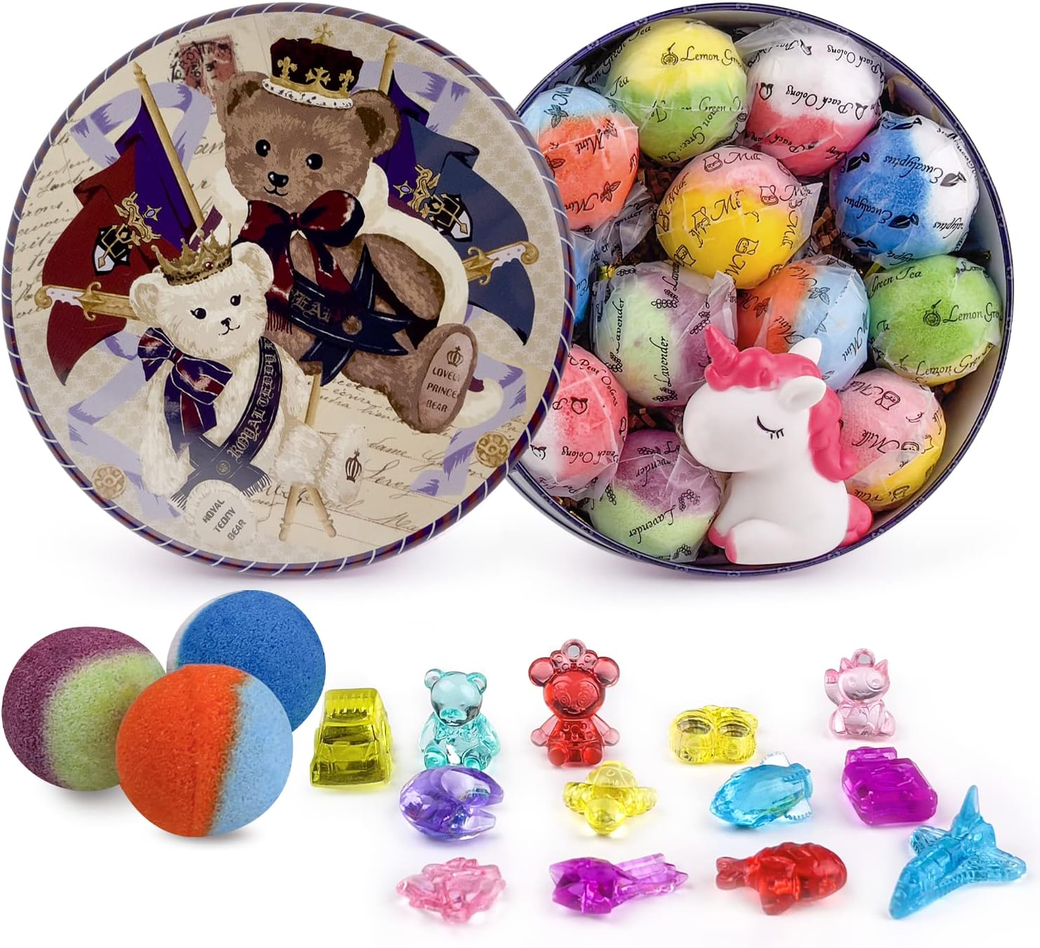 DOVIPE Bath Bombs for Kids,12pcs Bath Bombs with Surprise Crystal Toys Inside, Handmade Organic Bubble Bath Bombs with Gift Tin Box, Birthday Christmas Gift for Girls Boys