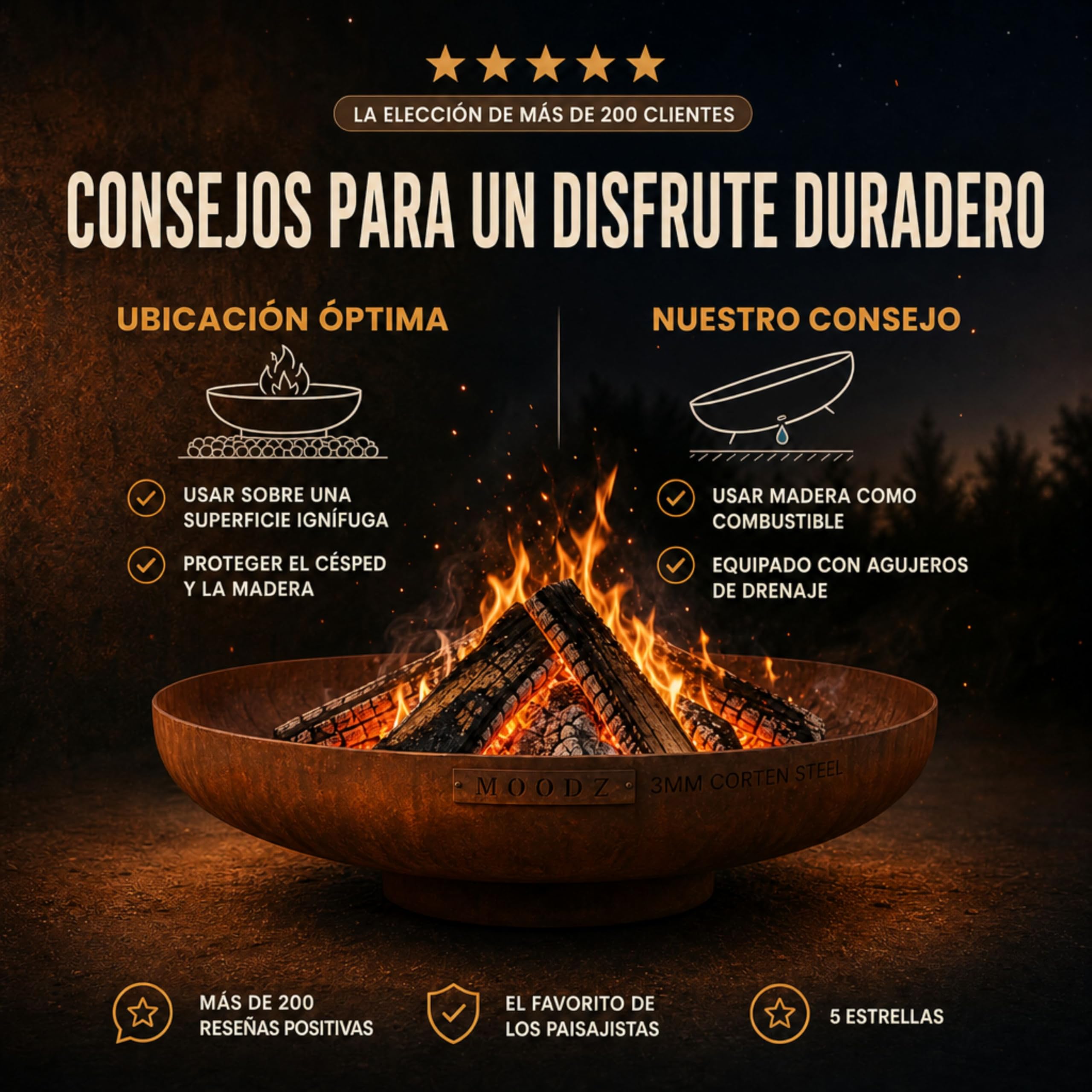 MOODZ Brasero de Exterior en Acero Corten Ø 100 cm - Pozo de Fuego Robusto de 3 mm de Espesor - Fogón de Jardín Resistente a la Intemperie - Gran Cuenco de Fuego para Terraza y Patio