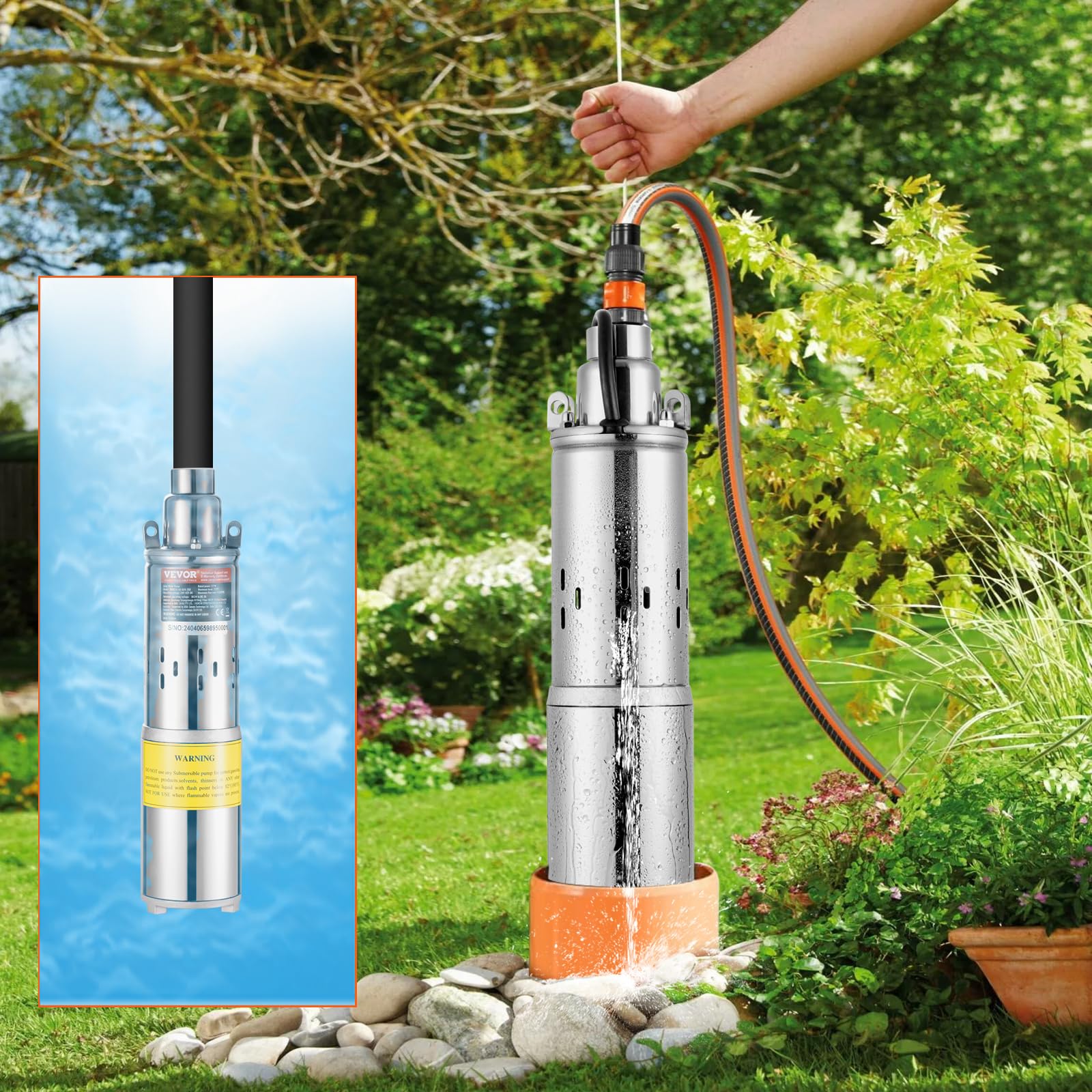 VEVOR Pompa Sommergibile Solare 369 W Pompa Sommergibile per Pozzi Profondi 48 V CC Portata 1,9 m³/h Prevalenza Massima 83,29 m Immersione Massima 20 m Irrigazione di Pascolo, Abbeveraggio Bestiame