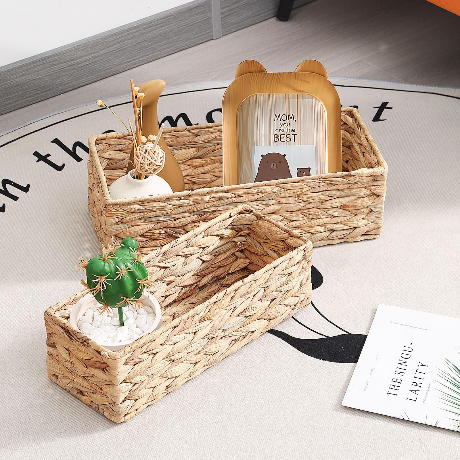 Set di 2 Cestini Portaoggetti Intrecciato, Cestino in Vimini, per Sistemare Vestiti e Riviste, Organizer Armadio, Grande 37×16.5×11 cm, Piccola 33×12.5×10 cm, Giacinto d'Acqua