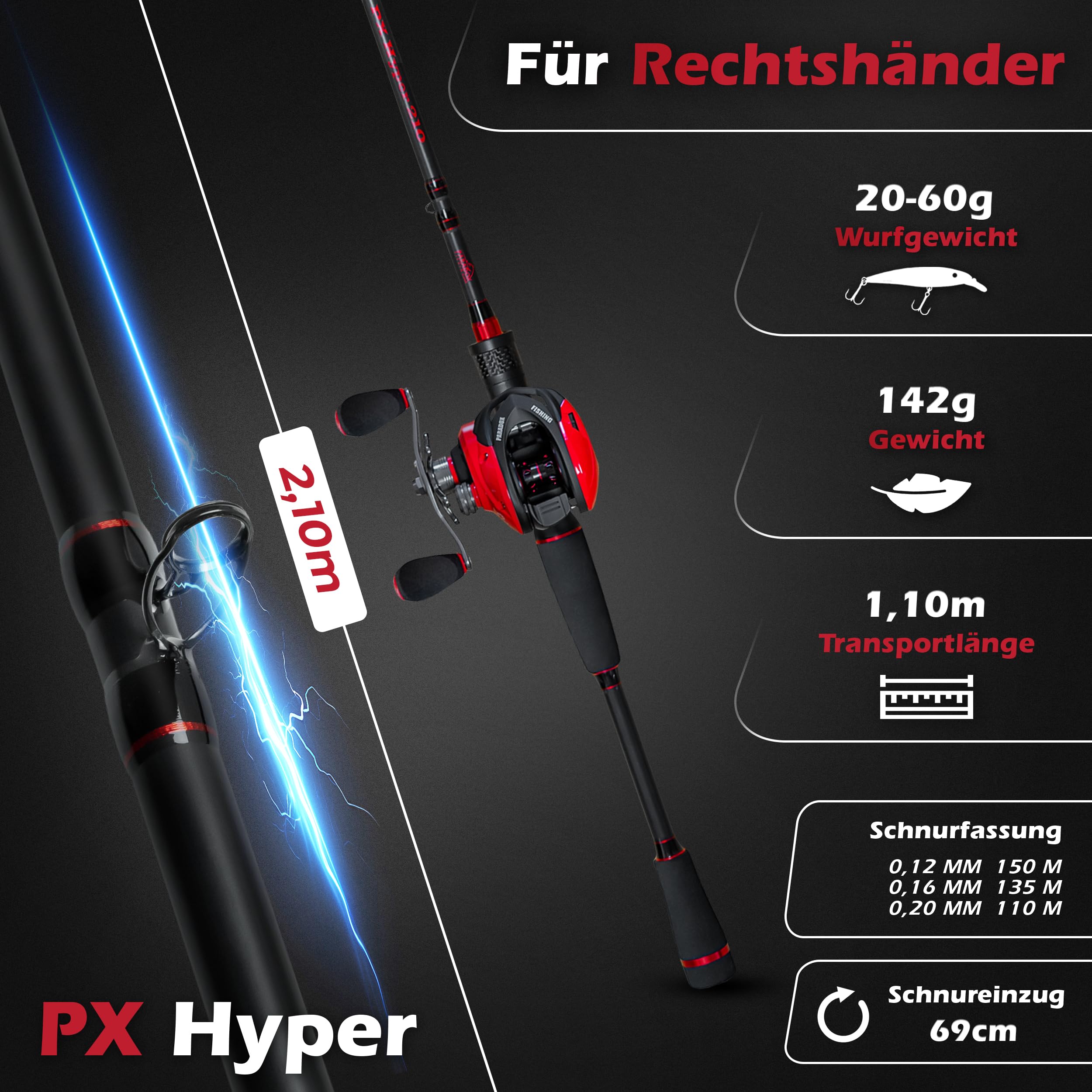 Paradox Fishing PX Hyper Baitcast Combo 2,10m I 10-20g / 15-40g / 20-60g I mit Hyper Cast Baitcast Rolle I Baitcast Rute Hecht – Baitcaster Combo für Rechtshänder
