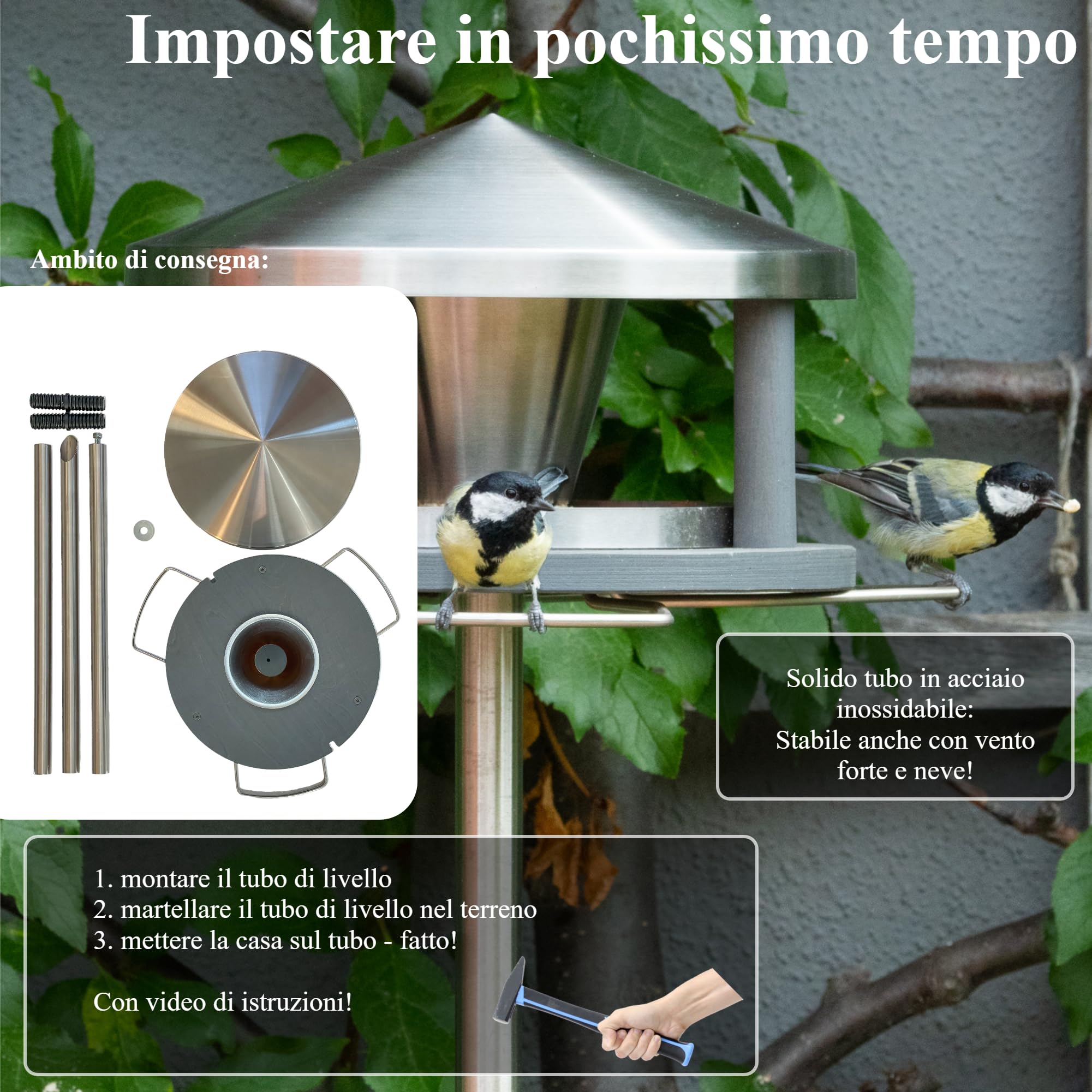 FEDERWELT Casetta Per Uccelli 2 In 1 Con Supporto - Mangiatoia E Abbeveratoio, Tetto XXL, Acciaio Inox, Resistente Alle Intemperie, Grigio