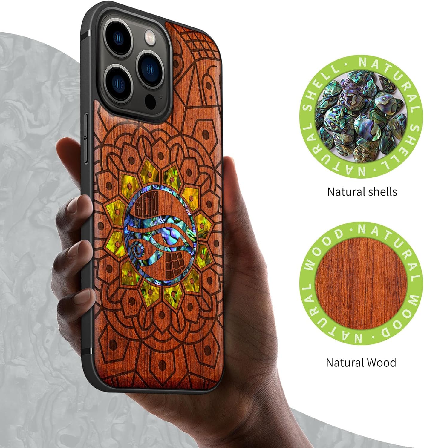 Carveit Designer Wooden Protective Case for iPhone 13 Pro Magnetic Cover [Wood Engraving & Shell Inlay] Compatible with 13 Pro MagSafe (Eternal Horus Mandala-Rosy)