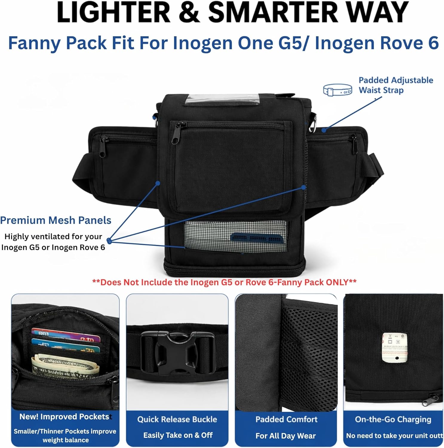 o2totes Fanny Pack Fit For Inogen One G5 (I0-500) Inogen Rove 6 (IS-401) & OxyGo Next (1400-3000) Only