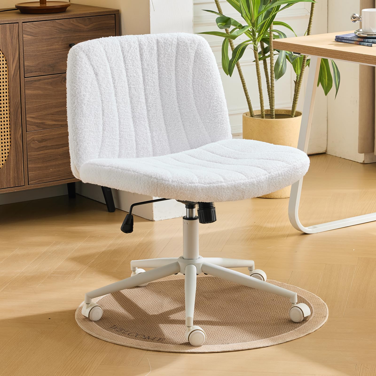 Bonnlo Criss Cross Legged Thick Padded Armless Comfy Office Desk Chair with Dual-Purpose Base,Adjustable Swivel Modern Vanity Chair,Rolling for Home Office, Computer,Task,Makeup, Teddy Fleece, White