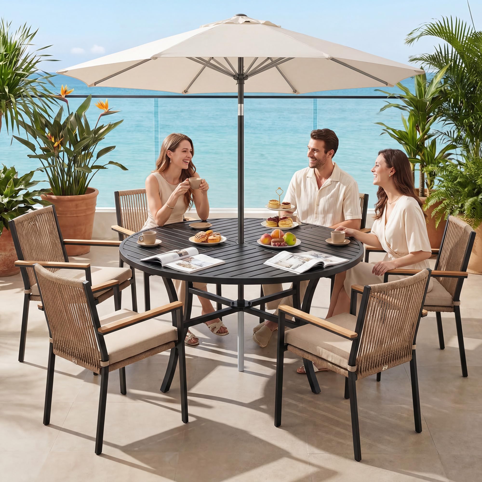 Hawthyhome Gartentisch Runder mit Zylindrischem Schirmloch,Durchmesser 137 cm,Gartentisch Wetterfest Outdoor, Esstisch für 4-6 Personen,Partytisch Balkontisch, Metallrahmen, Schwarz