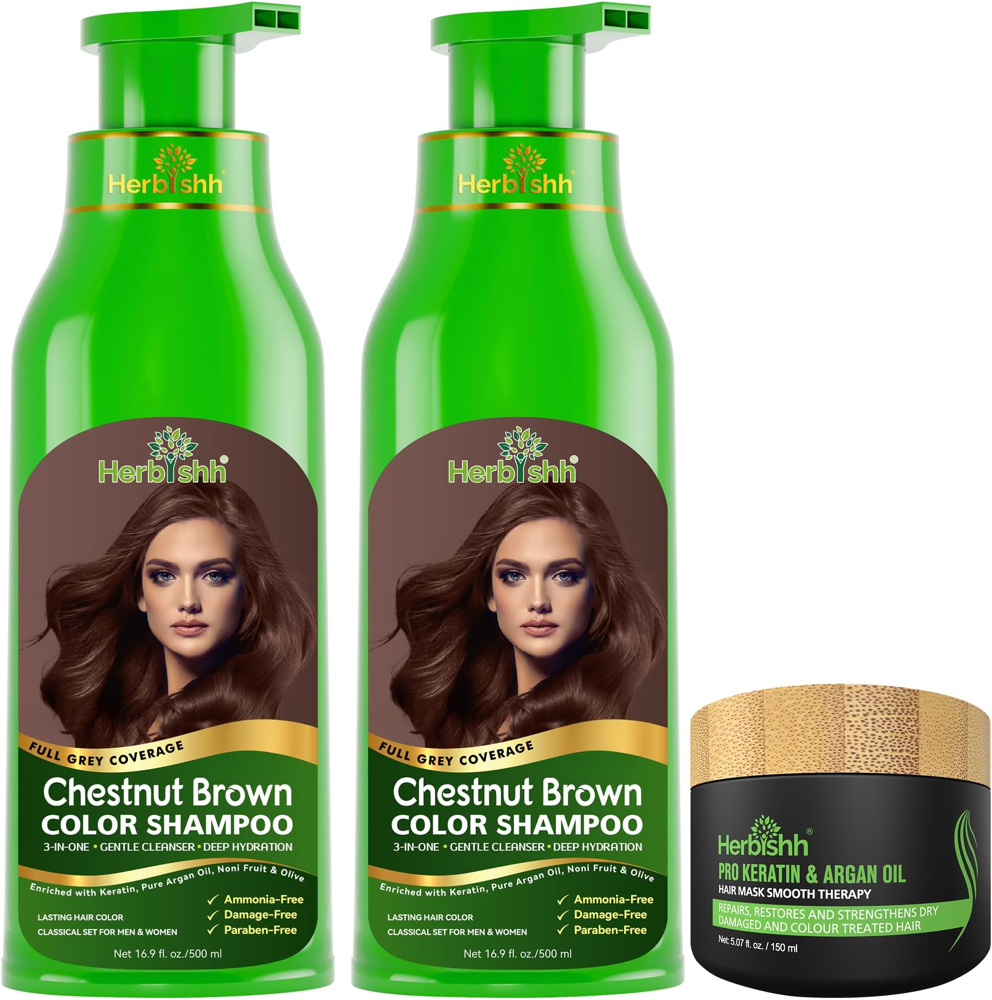 Herbishh Ultimate Chestnut Brown Hair Color Kit (2 Shampoos + 1 Argan Hair Mask) for Grey Coverage - Long-Lasting, Easy Application for Men and Women