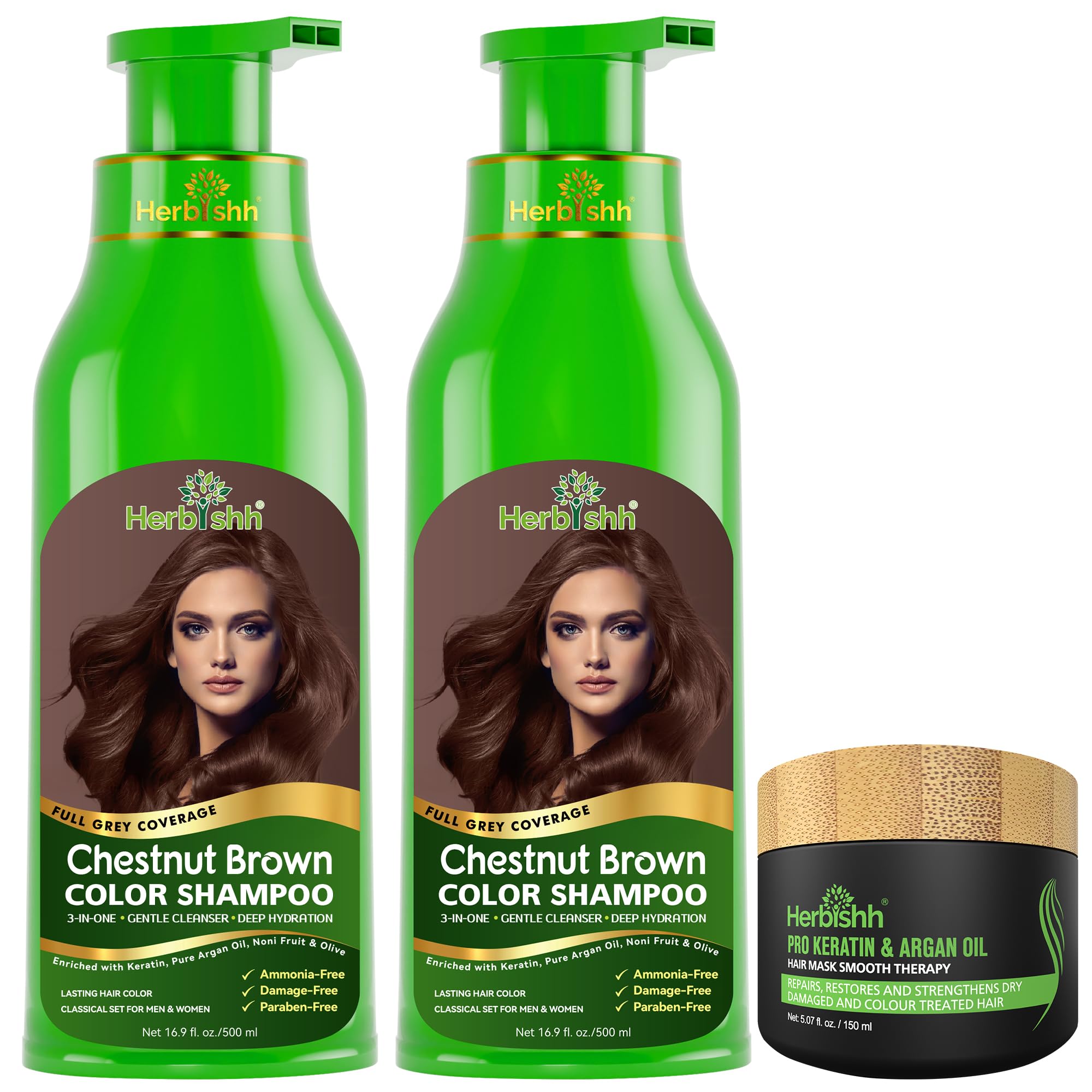 Herbishh Ultimate Chestnut Brown Hair Color Kit (2 Shampoos + 1 Argan Hair Mask) for Grey Coverage - Long-Lasting, Easy Application for Men and Women
