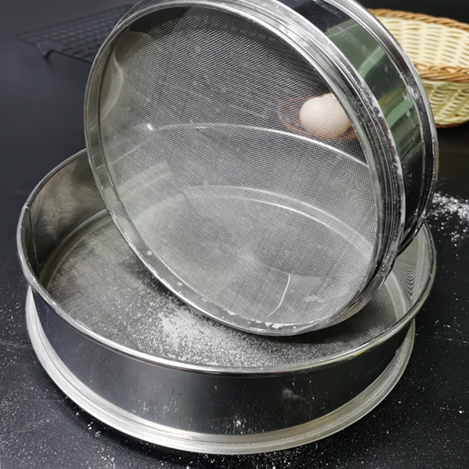 Coladores de harina de acero inoxidable, 3 paquetes de colador de malla fina para hornear pasteles, pasta, filtro de azúcar, tamiz de cocina, 20 + 30 + 40 cm