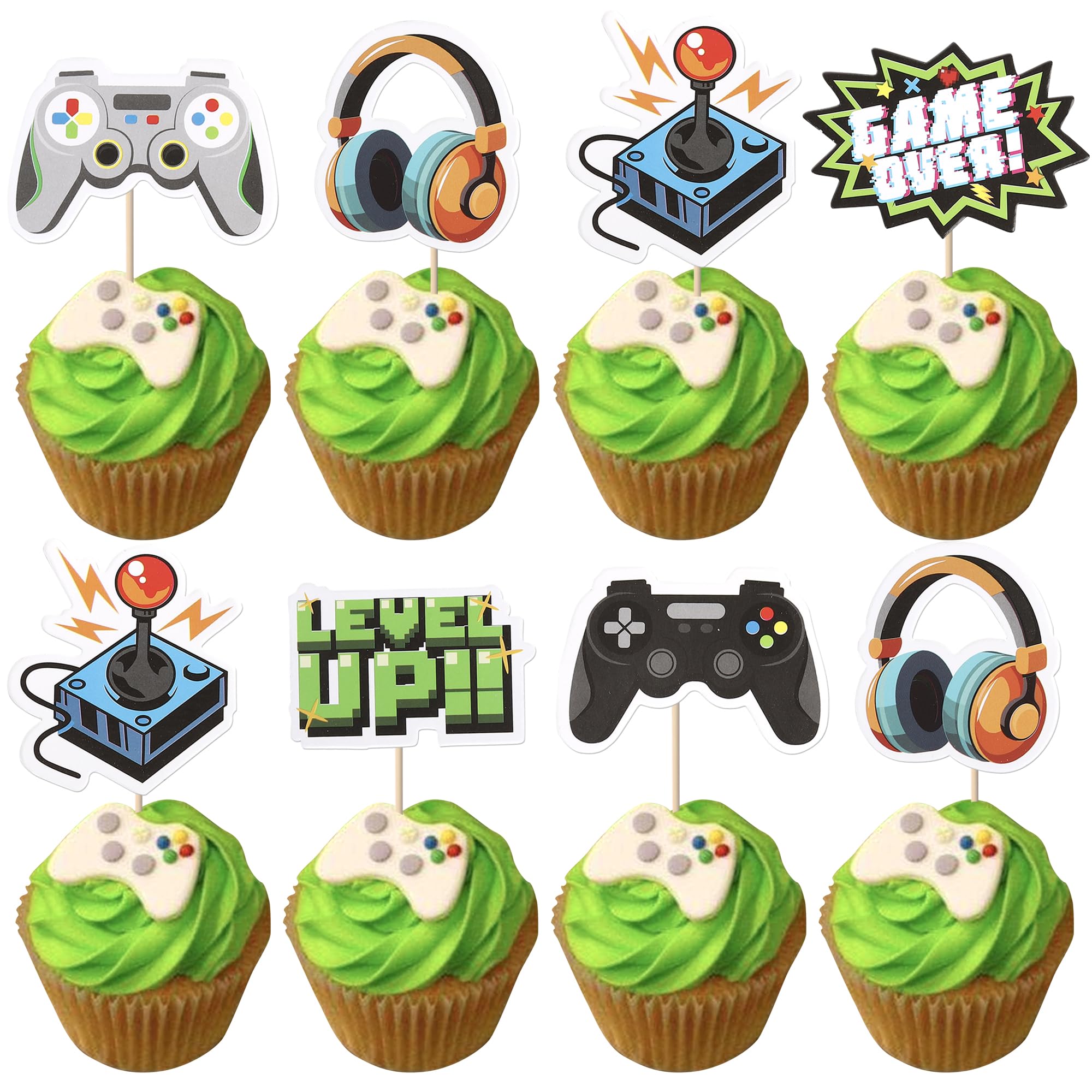 Rsstarxi 36 Pack Video Game Theme Cupcake Toppers Controllers Game On Level Up GamePad Cupcake Picks Decorations for Game Theme Baby Shower Kids Boys