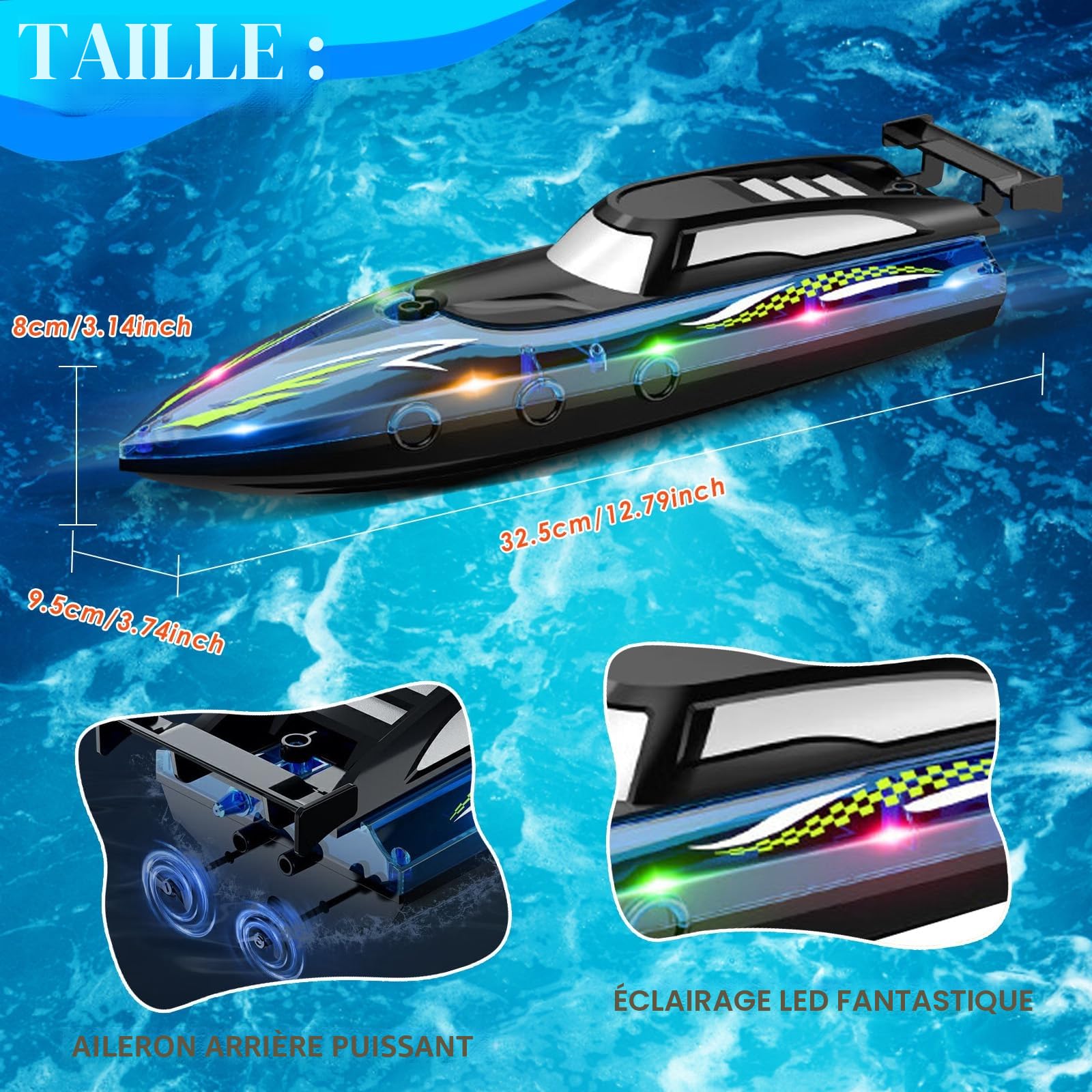 Bateau télécommandé, Bateau électrique Grande Vitesse étanche 2,4 GHz avec 2 Piles Rechargeables et lumière LED, Ship Course électrique sans pour Enfants Adultes Piscine lac rivière (Blue)