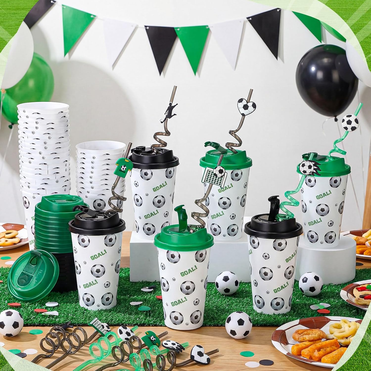 Remerry 36 Set Soccer Party Favors Goodie Cups with Lids and Spiral Straws 16 oz Reusable Sports Plastic Tumblers Candy Cups for End of Season Team Gifts Birthday Party Supplies image 3