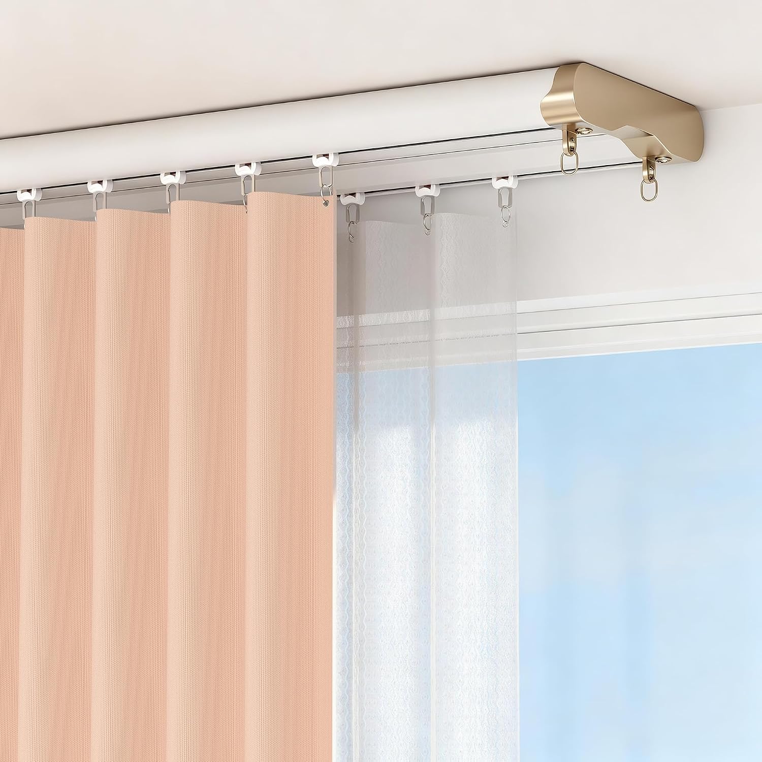 Double Row Sliding Ceiling Mount Curtain Track Rail Rod for Sheer and Blackout,Aluminium White 9-12FT Adjustable Size,Floor To Rieles Para Cortinas Corredizas De Techo for Hotel Hospital